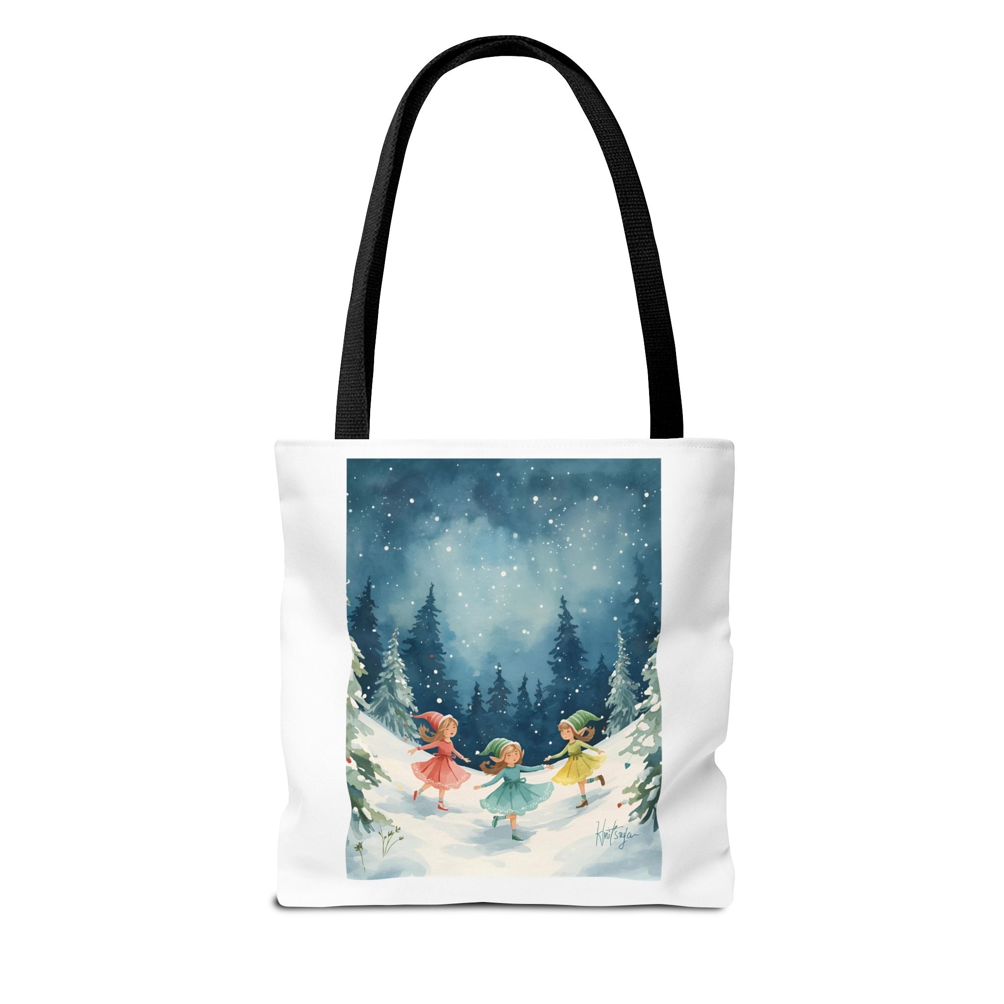 Winter Wonderland Tote Bag, Cute Girls Playing in Snow, AOP Design, Perfect for Gifts, Seasonal Bag, Eco-Friendly Shopping