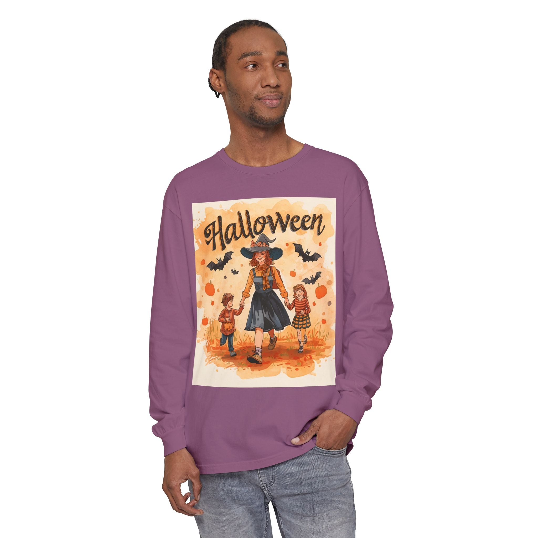 Halloween Themed Mom And Children Unisex Garment-dyed Long Sleeve T-Shirt