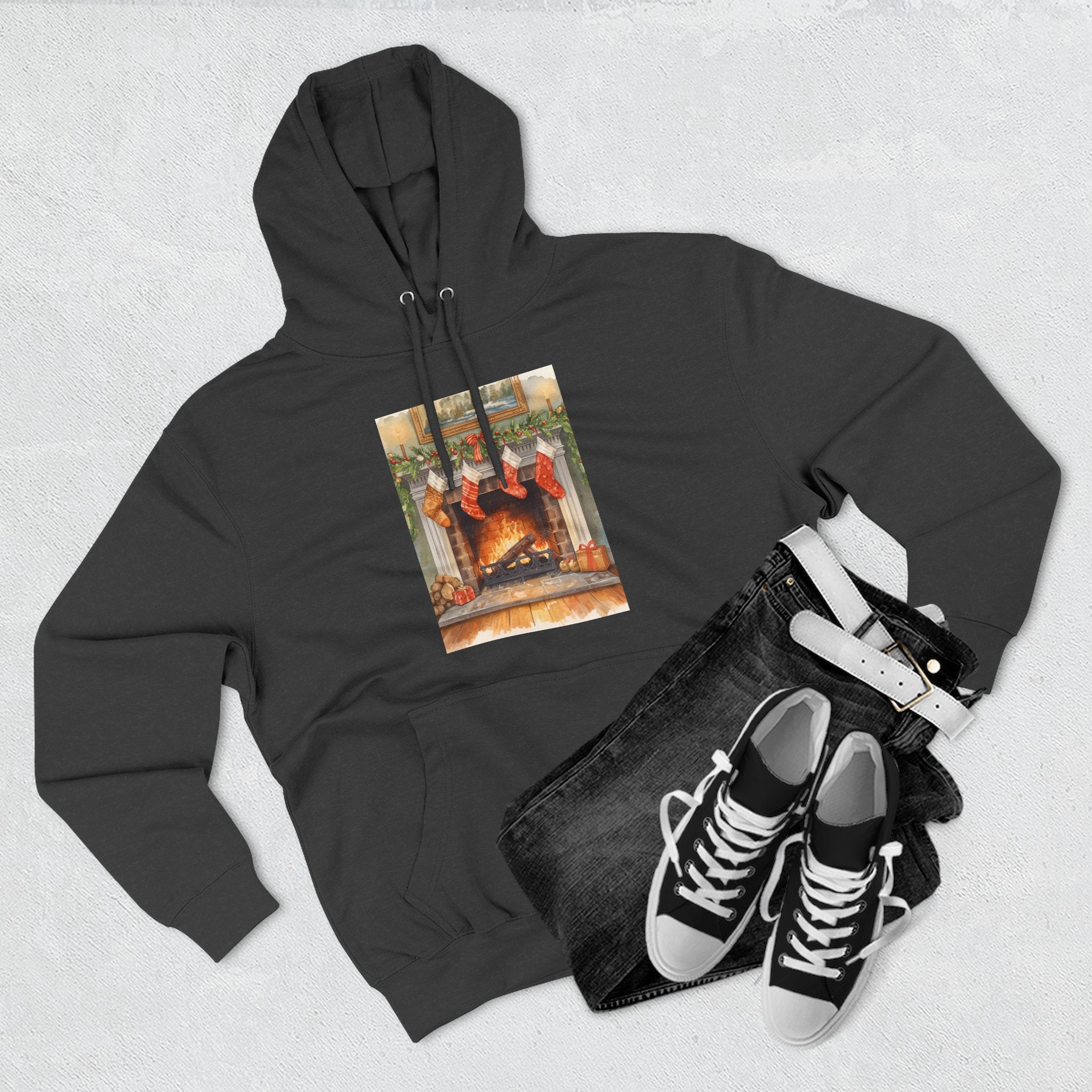 Christmas Stocking Fireplace Three-Panel Fleece Hoodie
