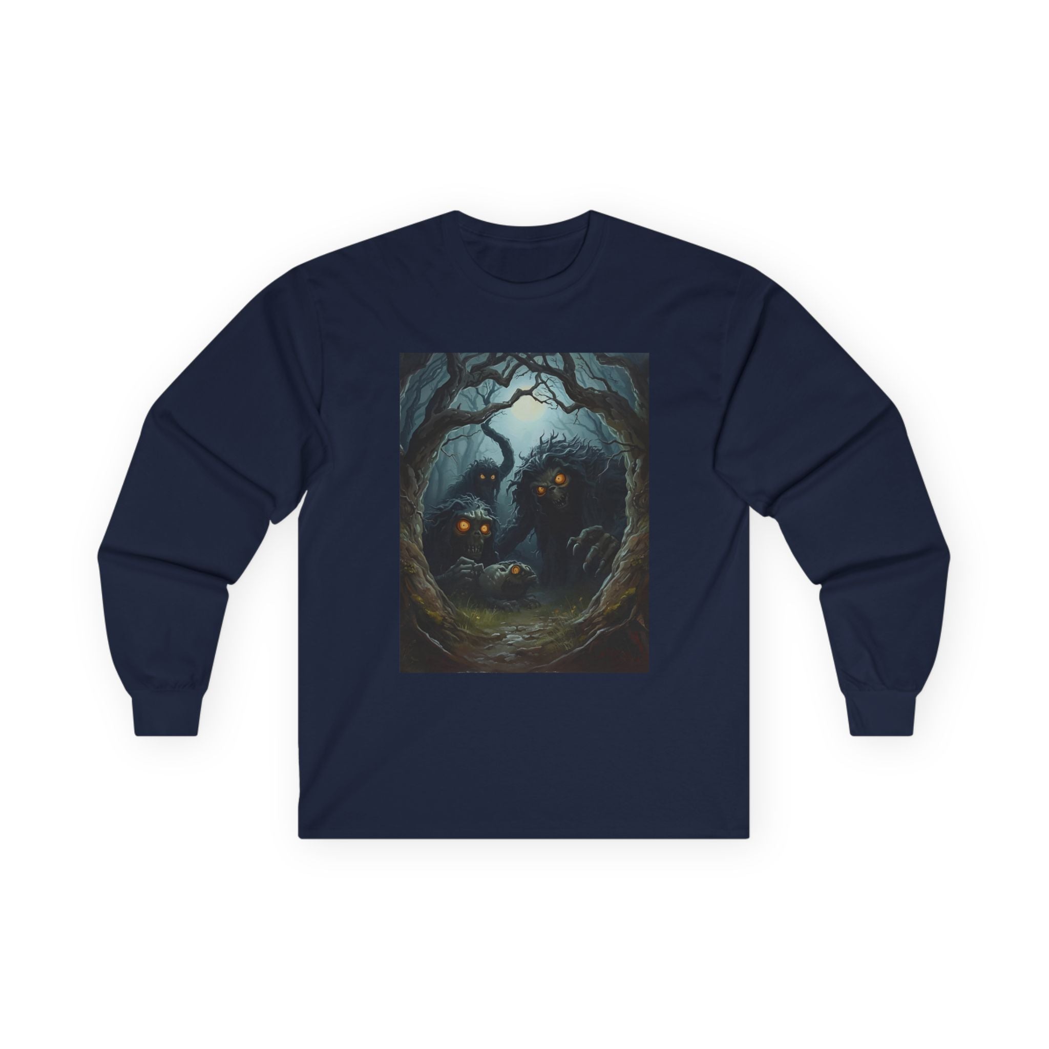 Spooky Mystical Forest Long Sleeve Tee - Cozy Unisex Shirt, Fall Fashion, Nature Lover Gift, Halloween Apparel, Unique Art Tee