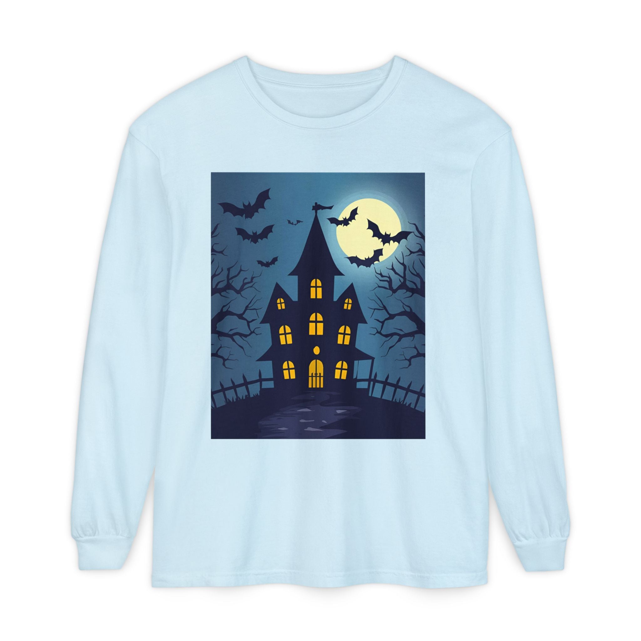 Haunted House Long Sleeve T-Shirt | Halloween Apparel, Fall Fashion, Spooky Shirt, Unisex Tee, Ghostly Vibes