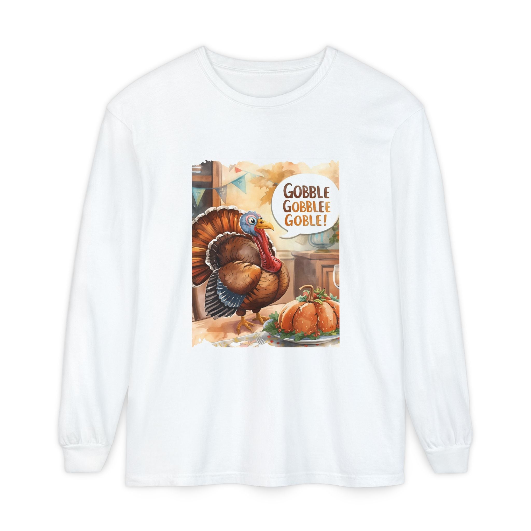 Thanksgiving Long Sleeve T-Shirt with Turkey Design, Fall Apparel, Holiday Gift, Family Gathering Shirt, Gobble Gobble Tee
