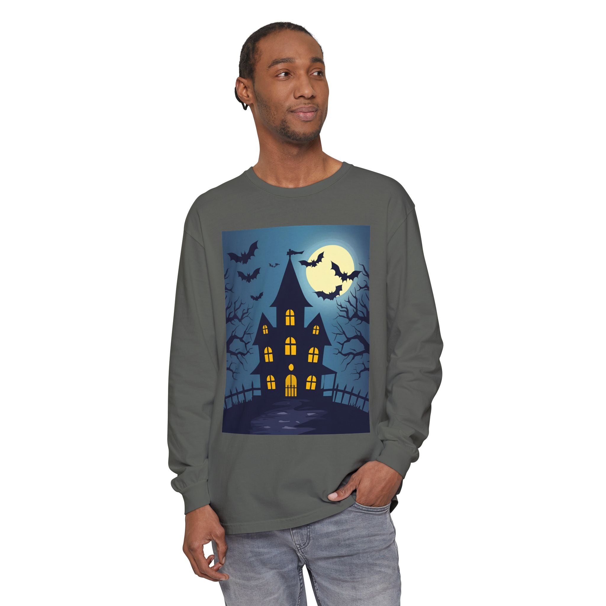 Haunted House Long Sleeve T-Shirt | Halloween Apparel, Fall Fashion, Spooky Shirt, Unisex Tee, Ghostly Vibes