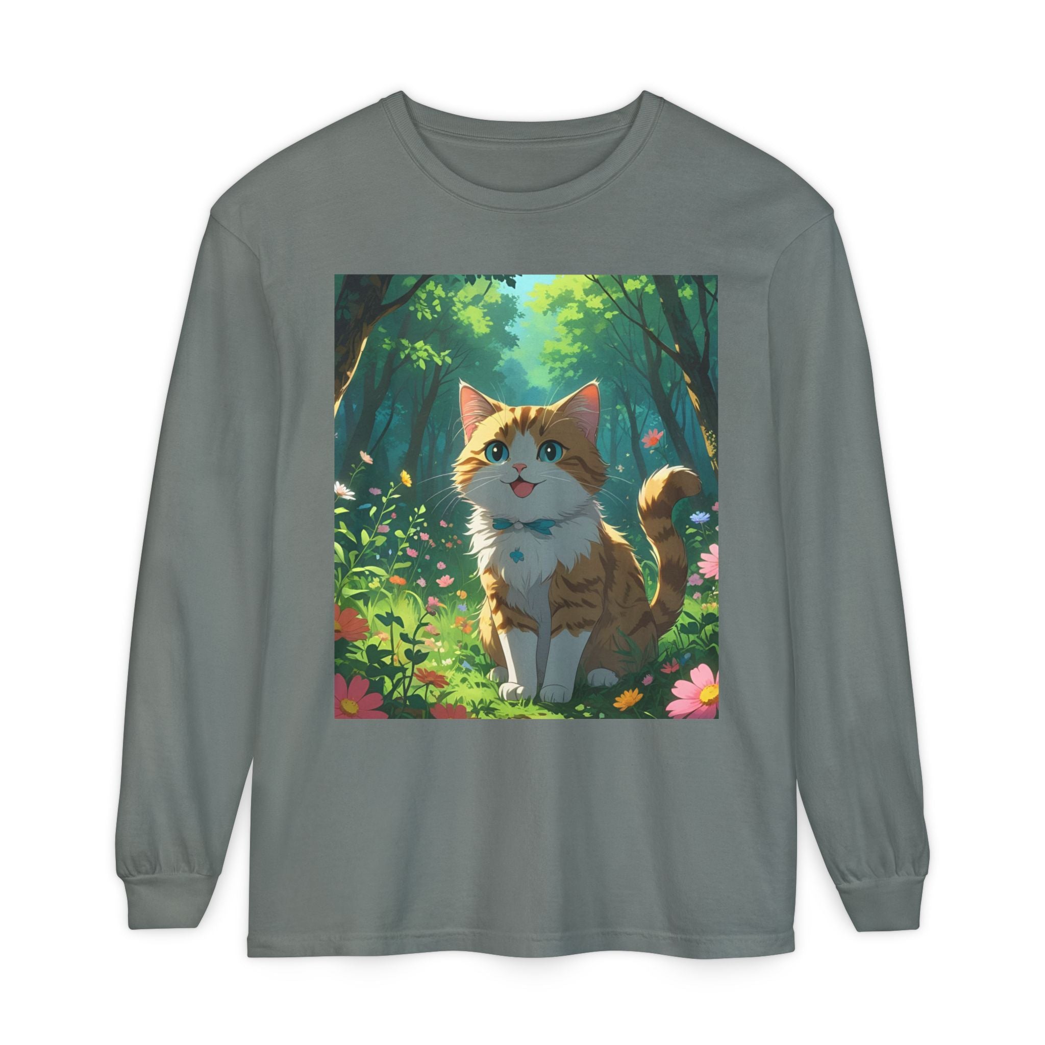 Whimsical Cat In Forest Long Sleeve T-Shirt - Perfect for Cat Lovers, Nature Enthusiasts, Gifts, Cozy Wear, Everyday Style