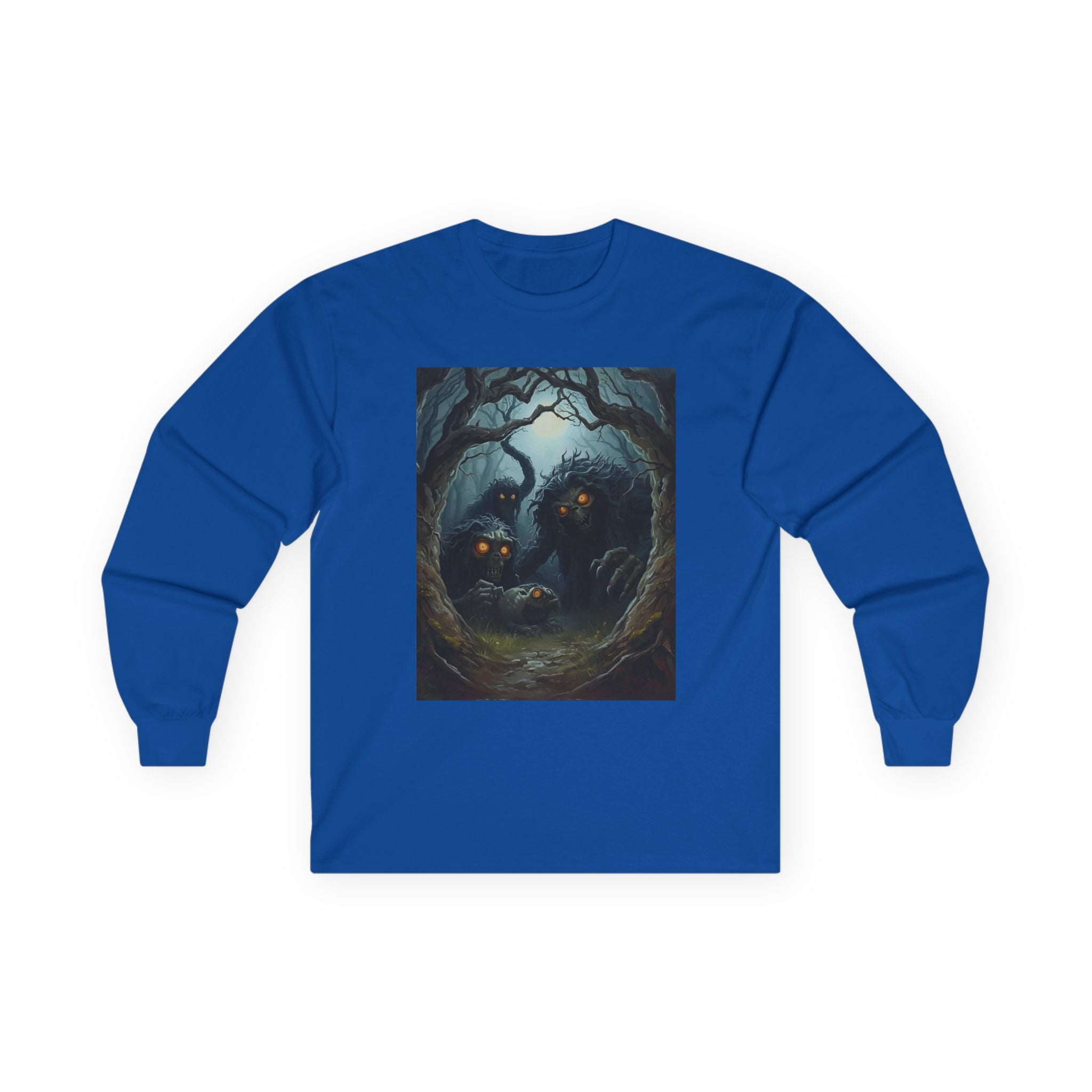 Spooky Mystical Forest Long Sleeve Tee - Cozy Unisex Shirt, Fall Fashion, Nature Lover Gift, Halloween Apparel, Unique Art Tee