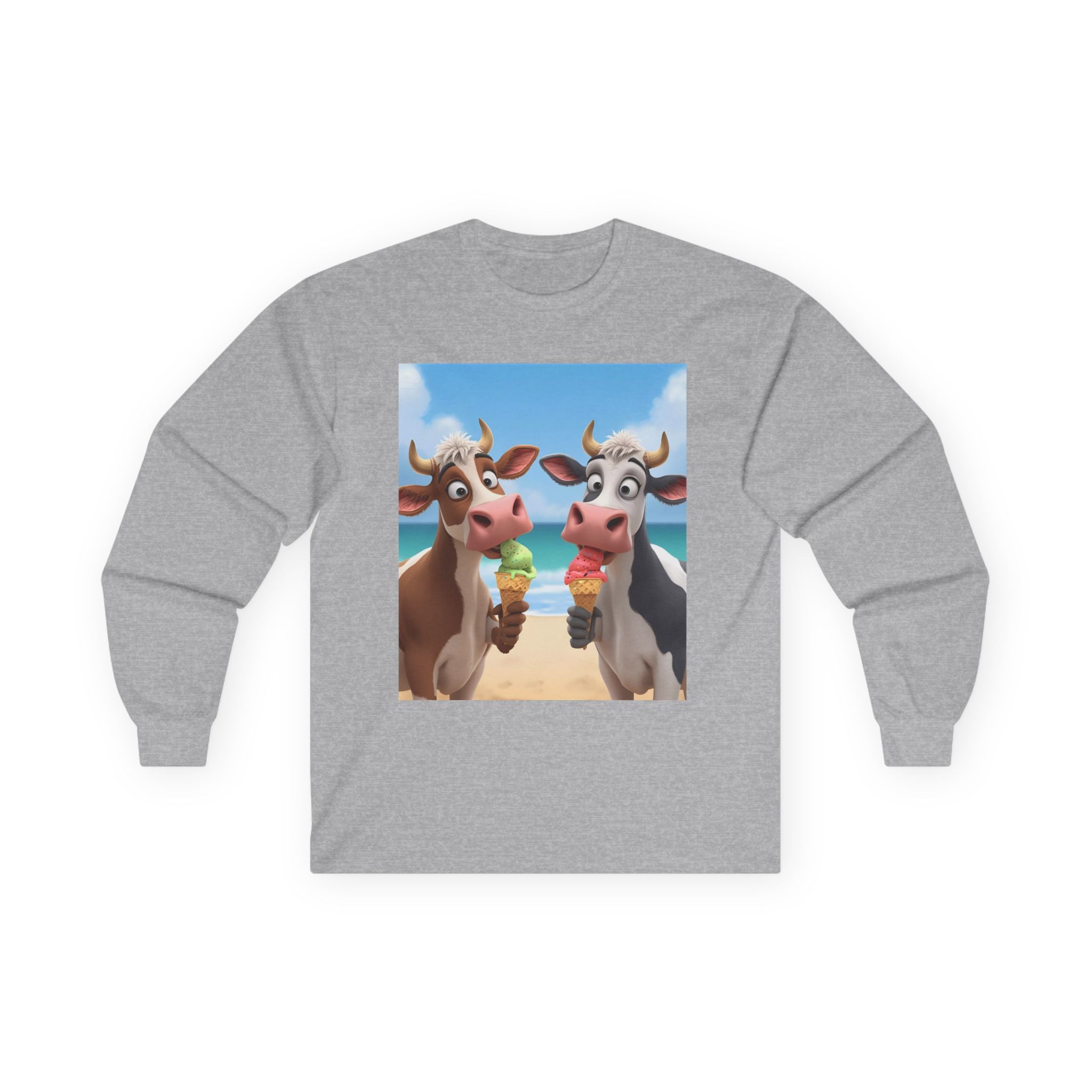Funny Beach Cow Graphic Long Sleeve Tee, Cute Animal T-Shirt for Kids, Ice Cream Lover Gift, Summer Beach Apparel, Dairy Product Humor