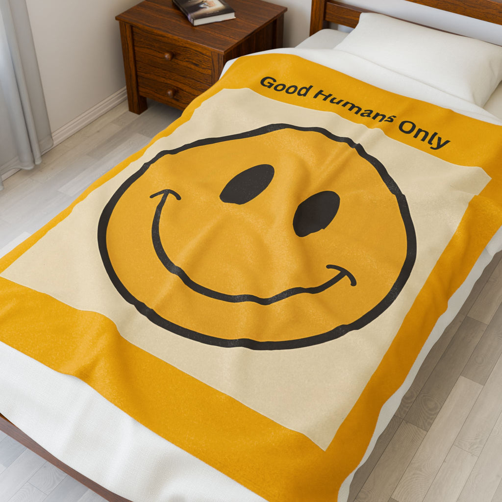 Good Humans Only Smiley Face Velveteen Plush Blanket