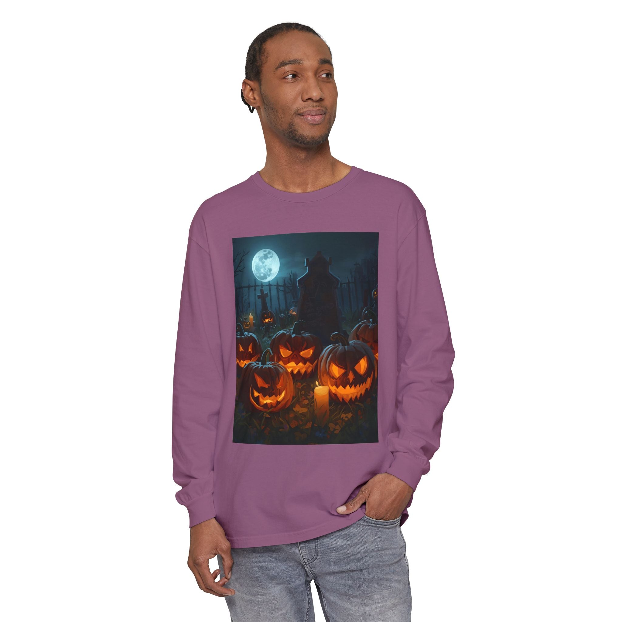 Scary Halloween Pumpkin Unisex Garment-dyed Long Sleeve T-Shirt