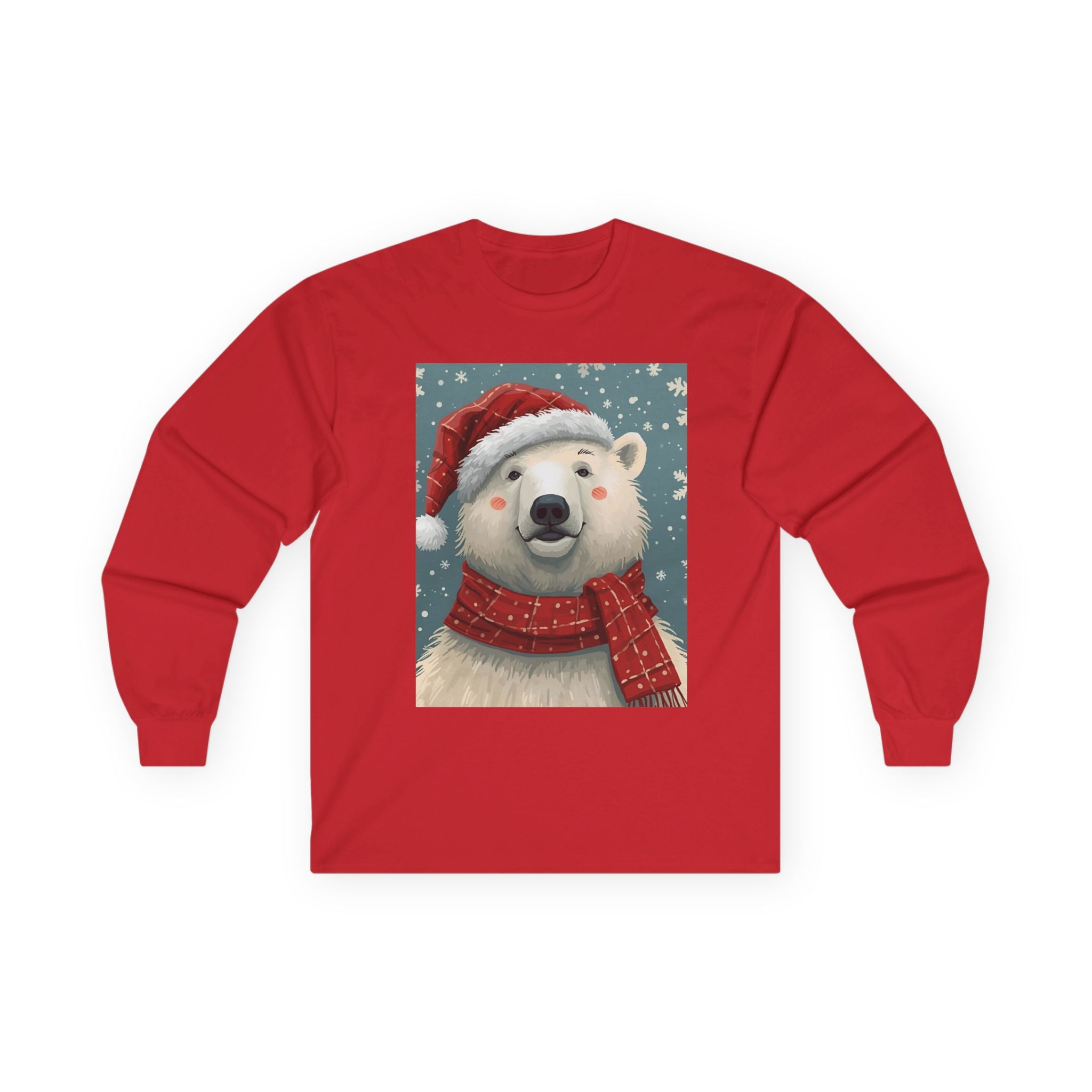 Christmas Polar Bear Long Sleeve Tee, Unisex Long Sleeve Shirt, Holiday Attire, Winter Wear, Cute Animal Apparel, Gift for Him and Her