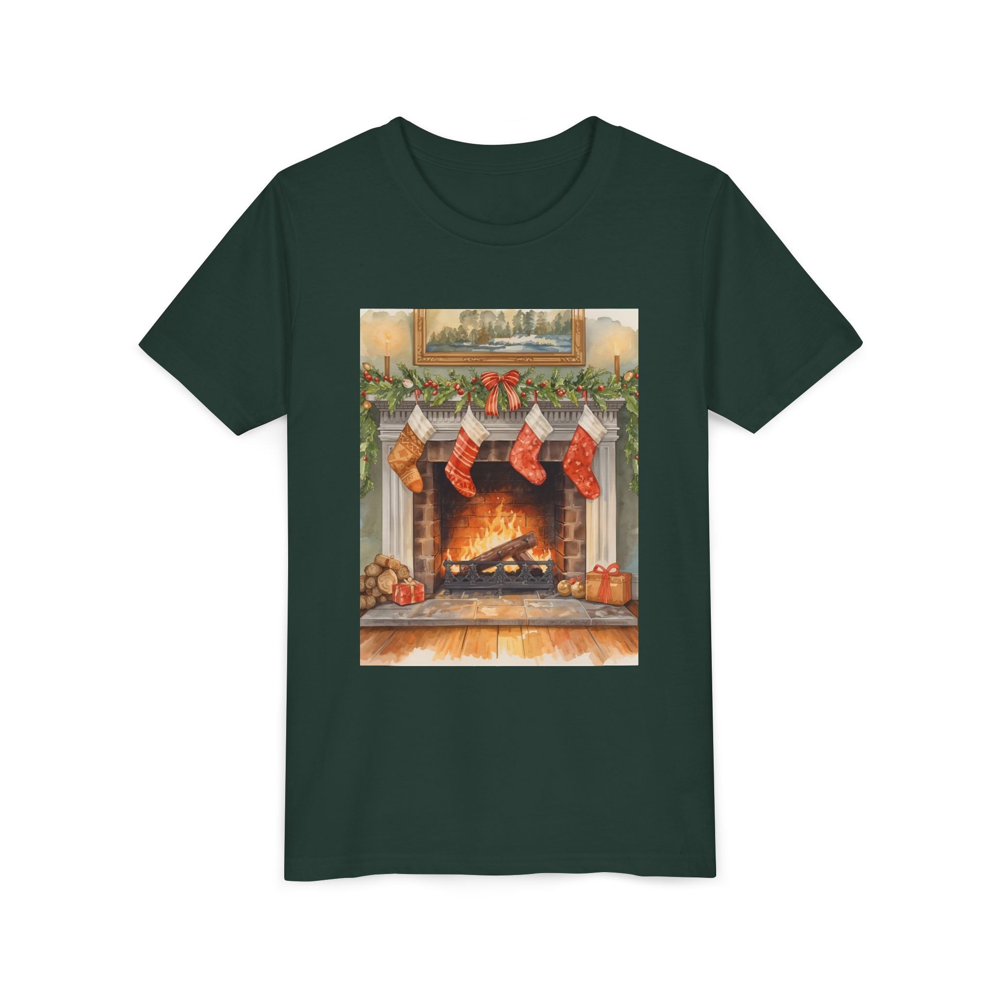 Christmas Stocking Fireplace Youth Short Sleeve Tee