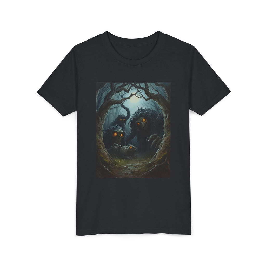 Spooky Mystical Forest Creatures Youth Tee, Cool Graphic T-Shirt, Kids Nature Shirt, Unique Gift for Boys & Girls, Perfect for Halloween