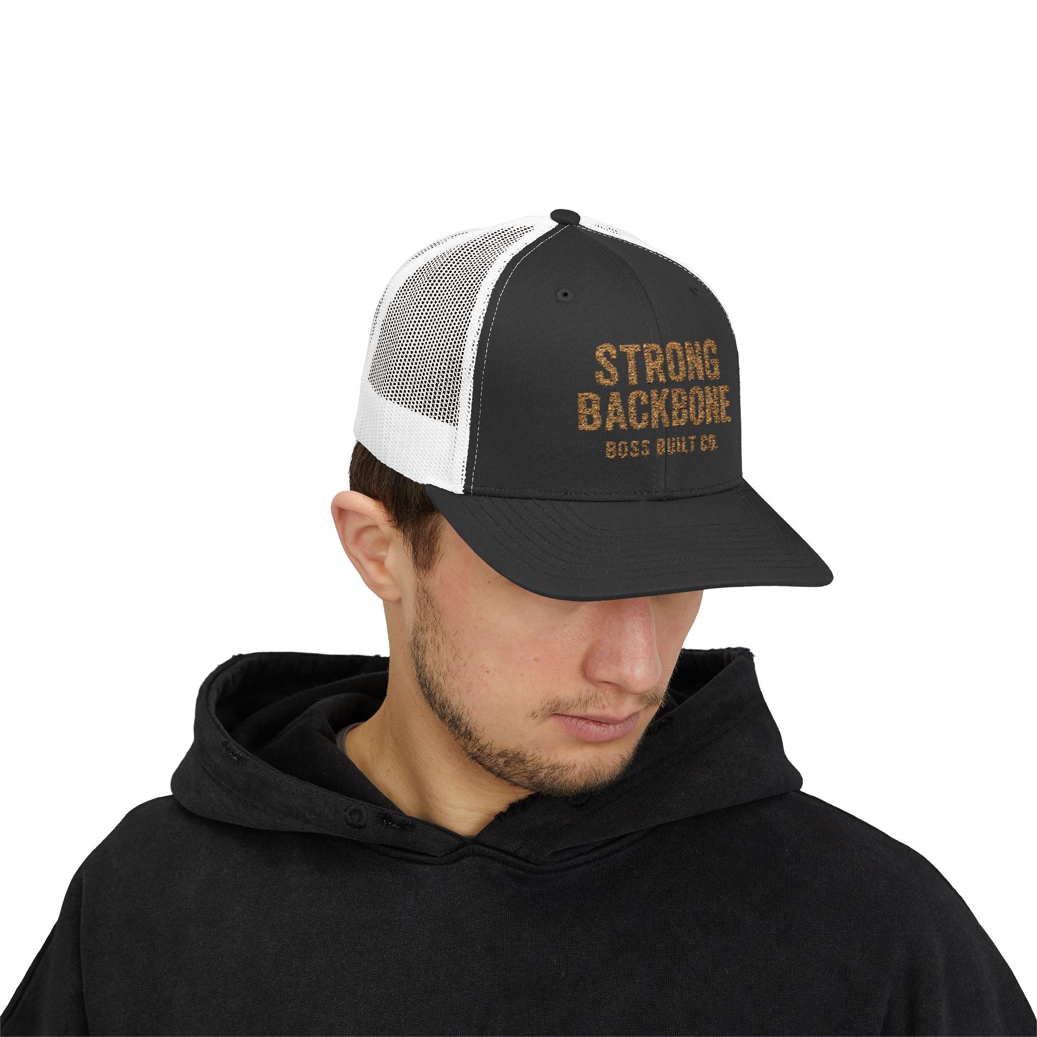Boss Built Co Strong Backbone Trucker Cap — Motivational Snapback Hat