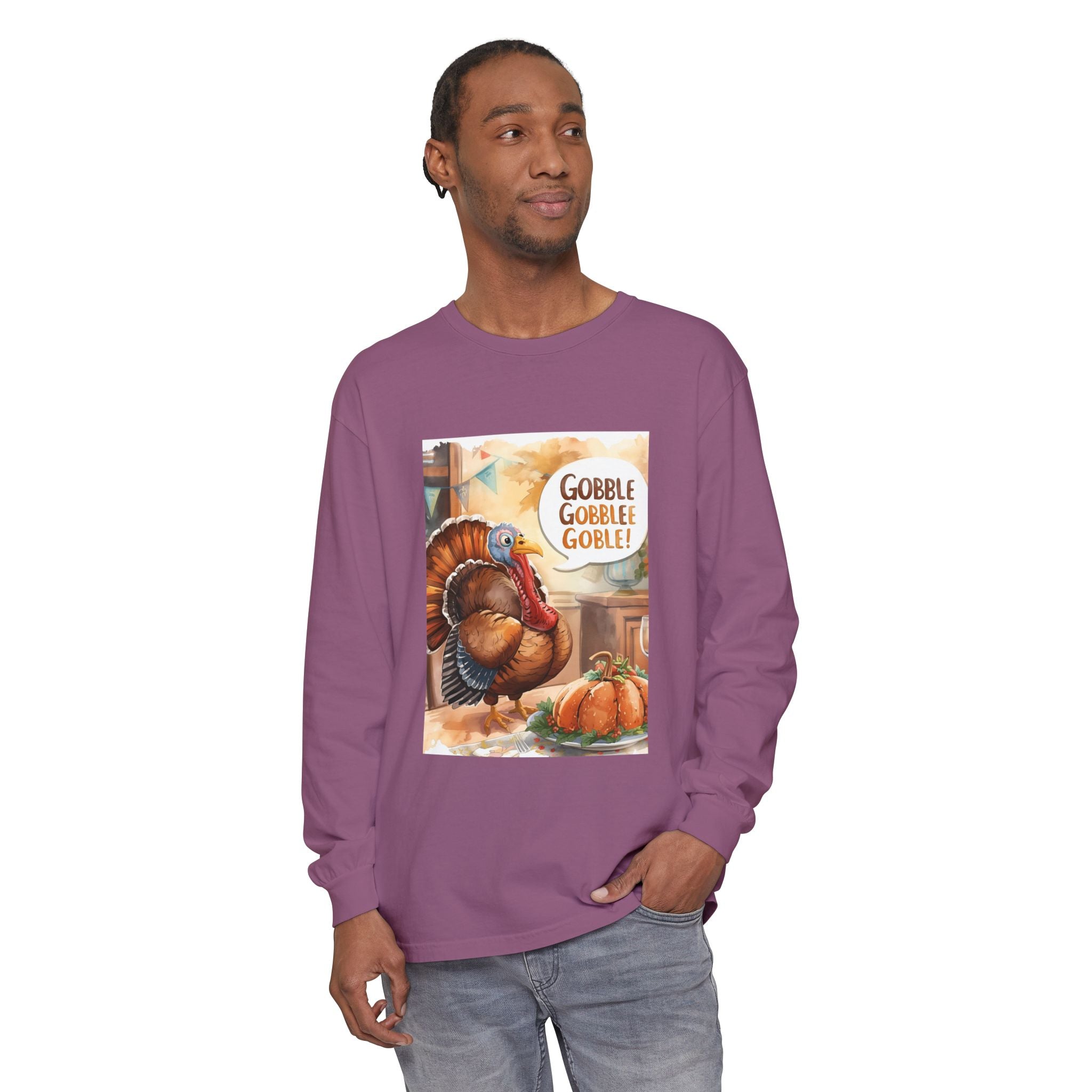 Thanksgiving Long Sleeve T-Shirt with Turkey Design, Fall Apparel, Holiday Gift, Family Gathering Shirt, Gobble Gobble Tee