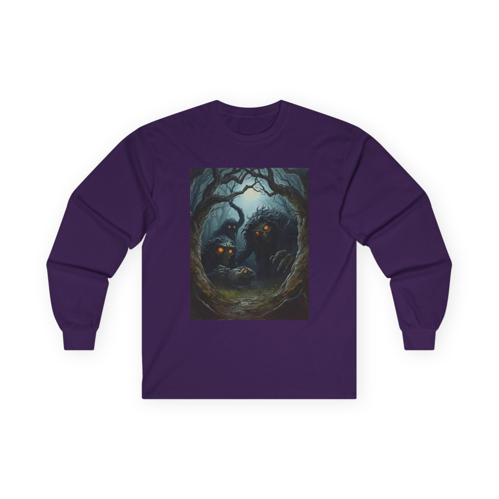 Spooky Mystical Forest Long Sleeve Tee - Cozy Unisex Shirt, Fall Fashion, Nature Lover Gift, Halloween Apparel, Unique Art Tee