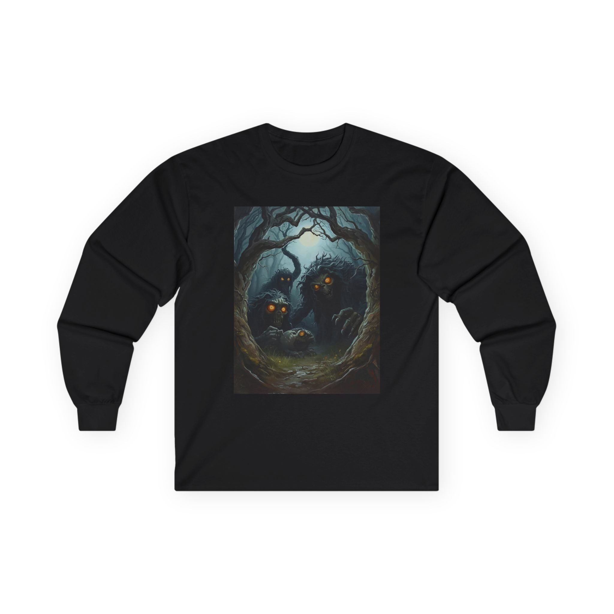 Spooky Mystical Forest Long Sleeve Tee - Cozy Unisex Shirt, Fall Fashion, Nature Lover Gift, Halloween Apparel, Unique Art Tee