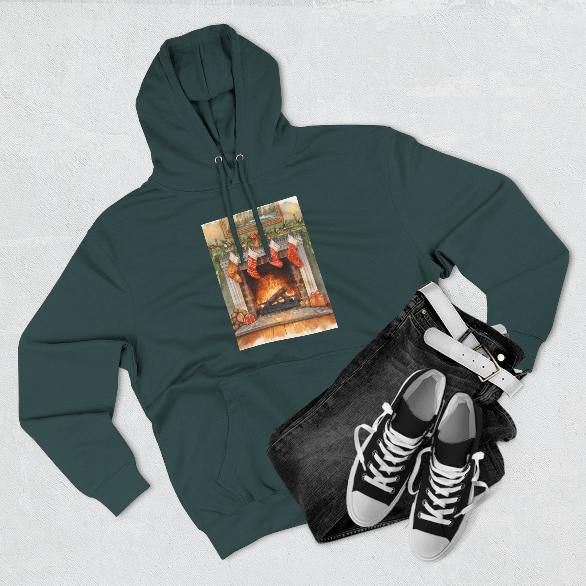 Christmas Stocking Fireplace Three-Panel Fleece Hoodie