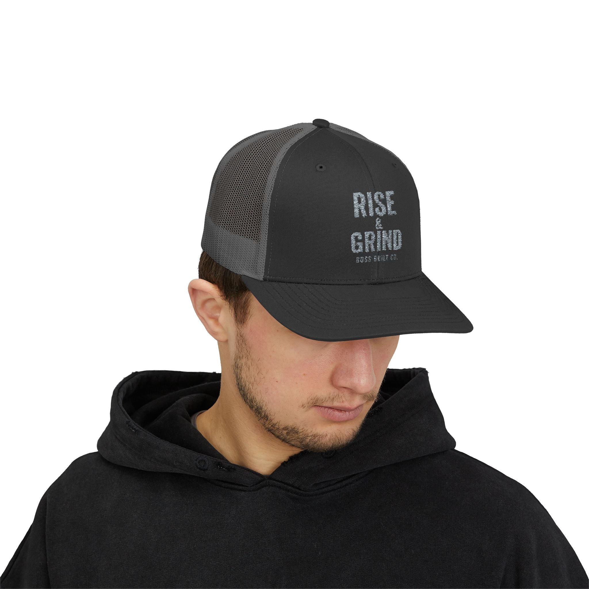 Boss Built Co Rise & Grind Snapback Trucker Cap — Motivational Embroidered Hat
