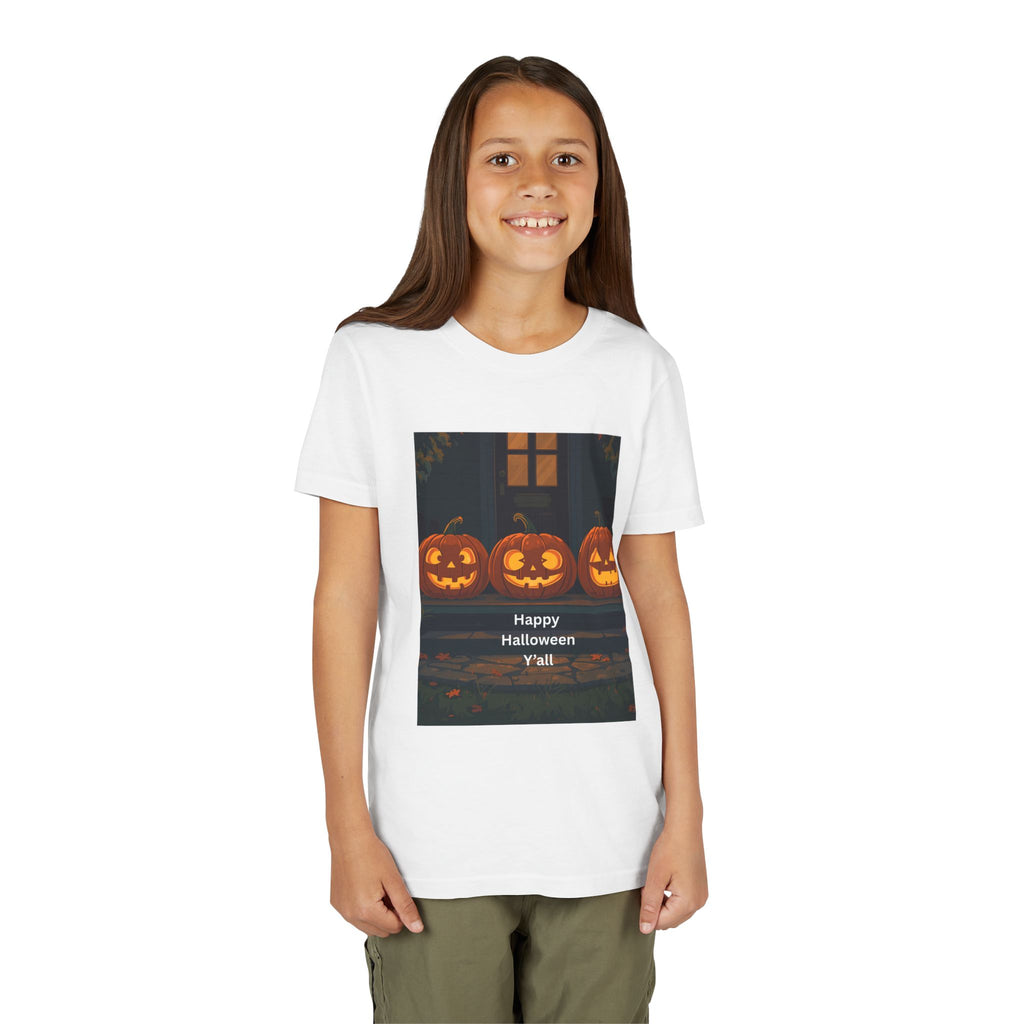 Halloween Pumpkin Youth Tee, Jack-o'-lantern Shirt, Trick or Treat Apparel, Spooky Kids T-Shirt, Halloween Costume Top