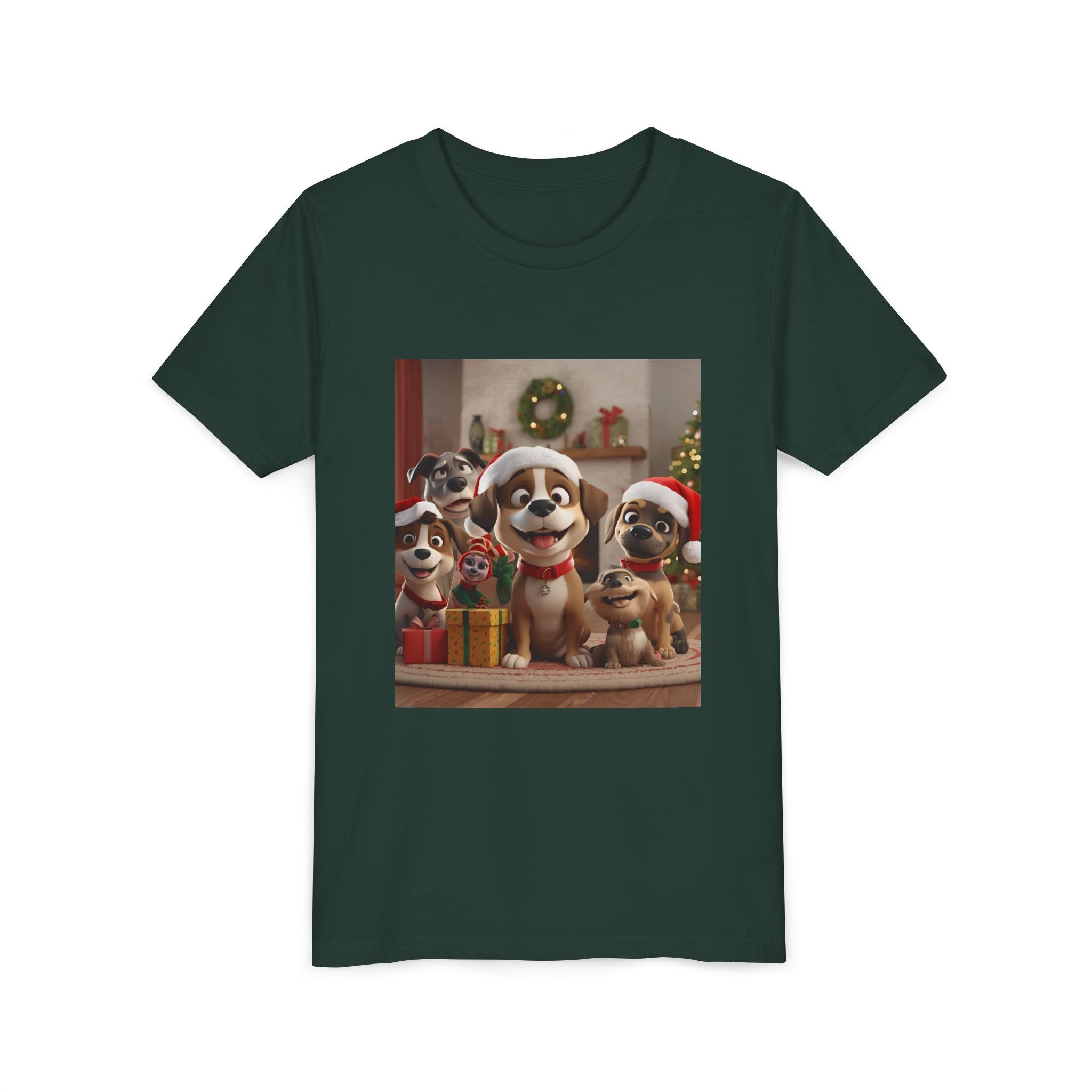 Cute Festive Christmas Dog Youth Short Sleeve Tee
