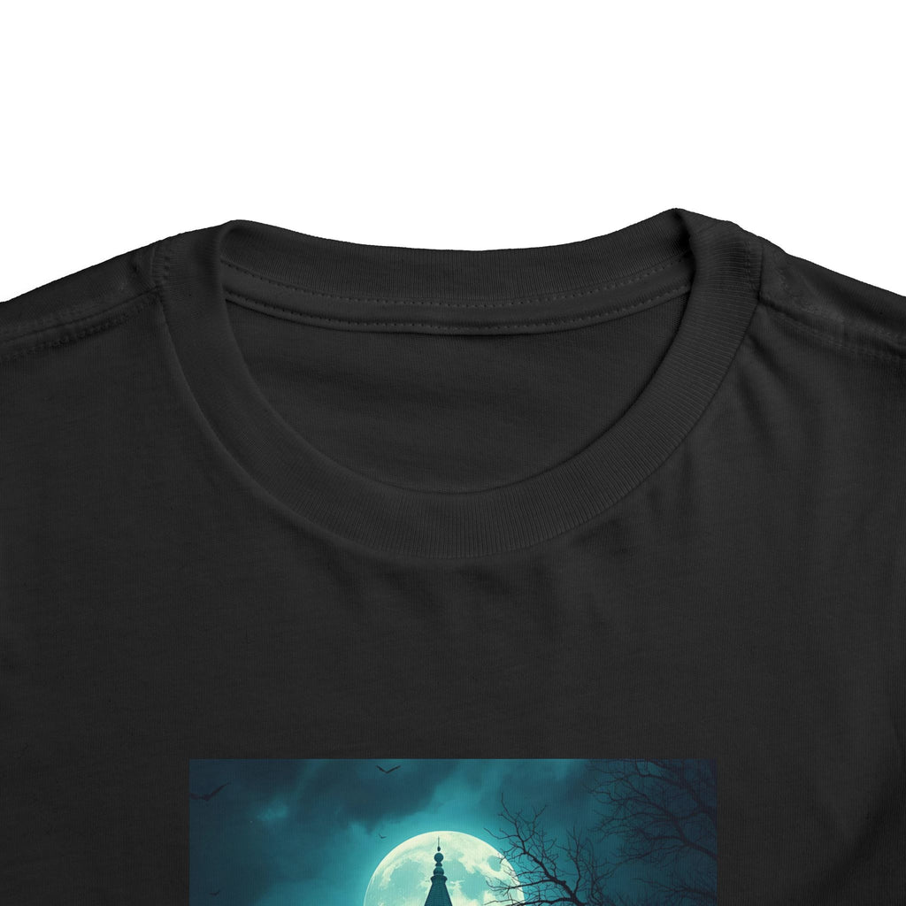 Haunted Moonlight Toddler Halloween Short Sleeve Tee, Ghostly Castle Shirt, Spooky Toddler Tee, Kids Halloween Costume Top, Fall Festivity Apparel