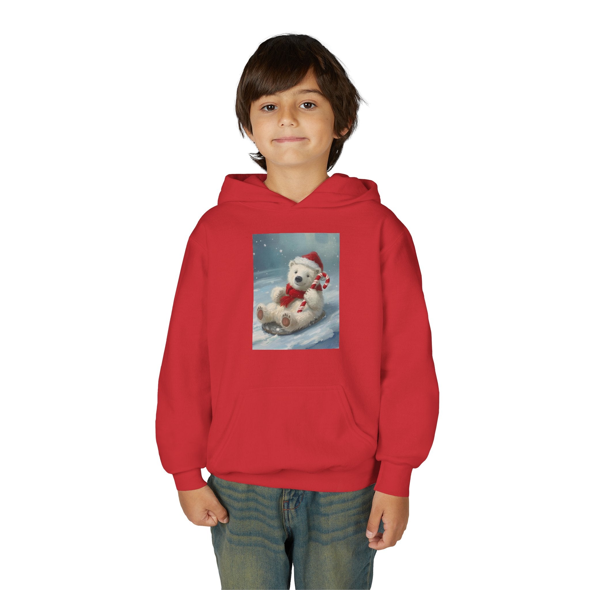 Cozy Christmas Bear Youth Hooded Sweatshirt, Winter Hoodie, Holiday Gift, Cute Sweatshirt for Kids, Festive Apparel