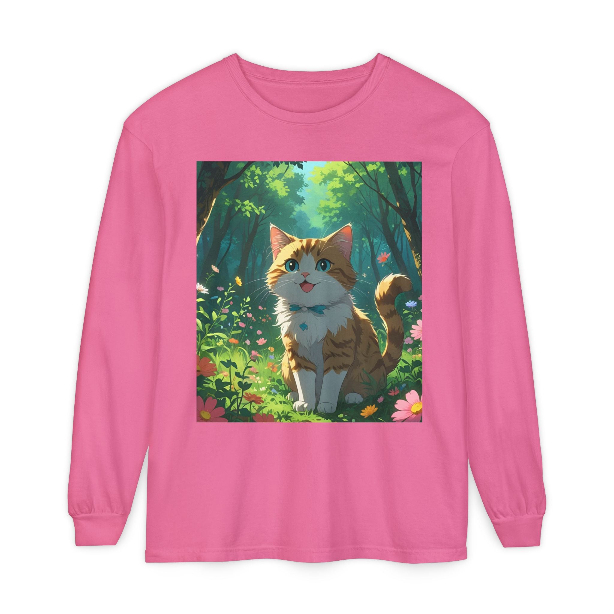 Whimsical Cat In Forest Long Sleeve T-Shirt - Perfect for Cat Lovers, Nature Enthusiasts, Gifts, Cozy Wear, Everyday Style