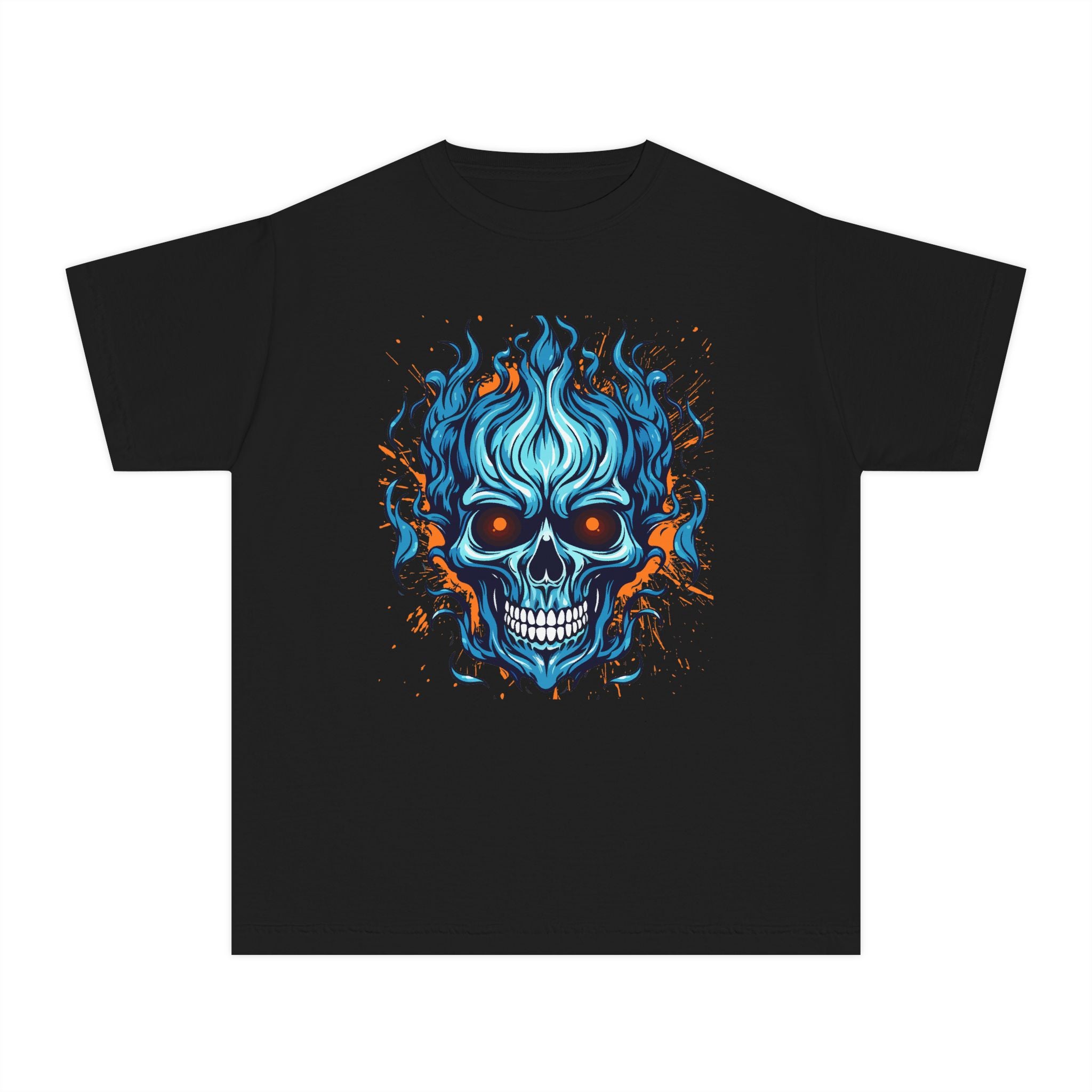 Skull Flame Youth Graphic Skull Tee, Cool Teen Fashion, Edgy Summer Wear, Halloween Costume, Unique Gift for Kids, Casual Everyday Style