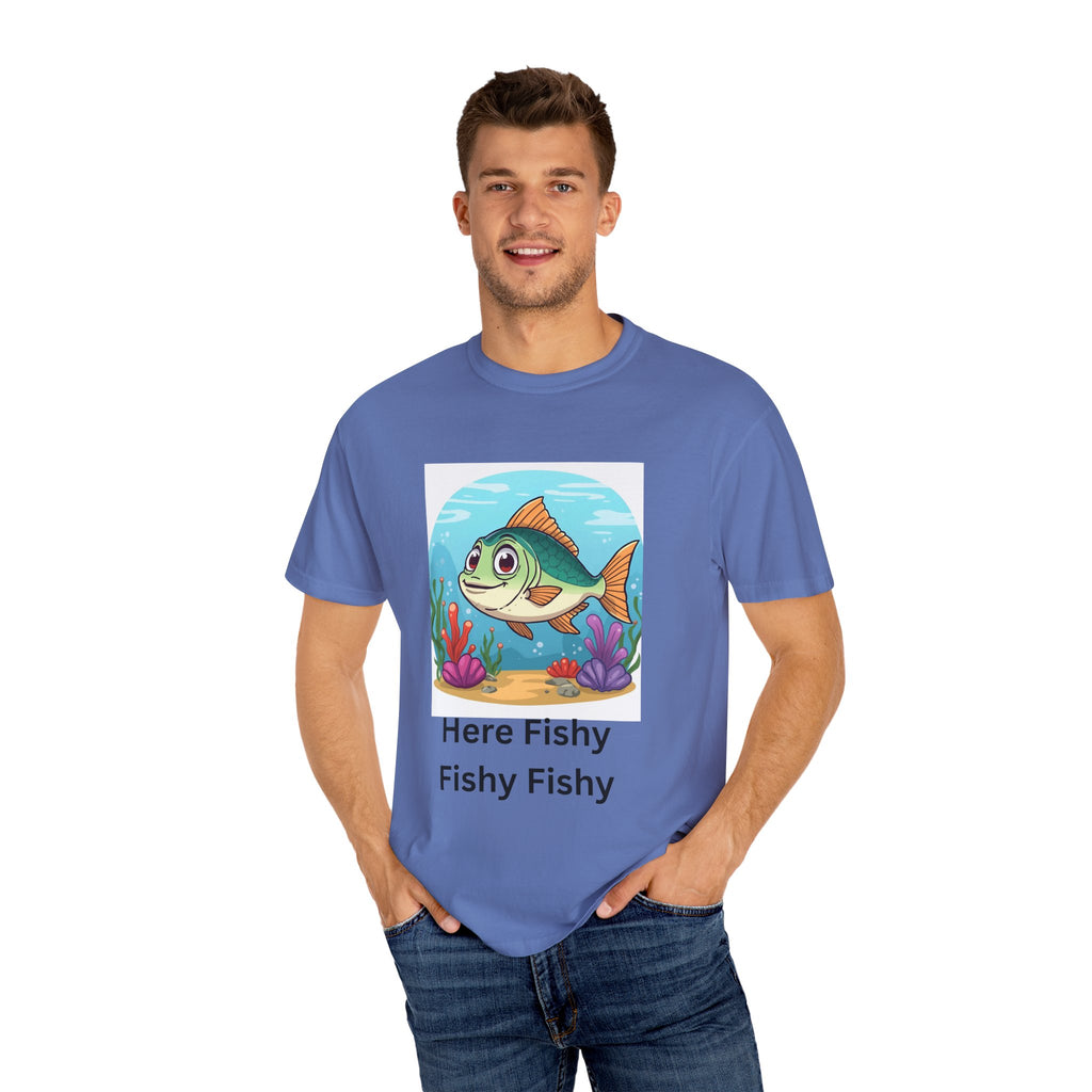 Playful Fish T-Shirt for Nature Lovers, Here Fishy Fishy Fishy Tee, Unisex Casual Wear, Perfect for Birthdays, Summer Fun, Beach Outings