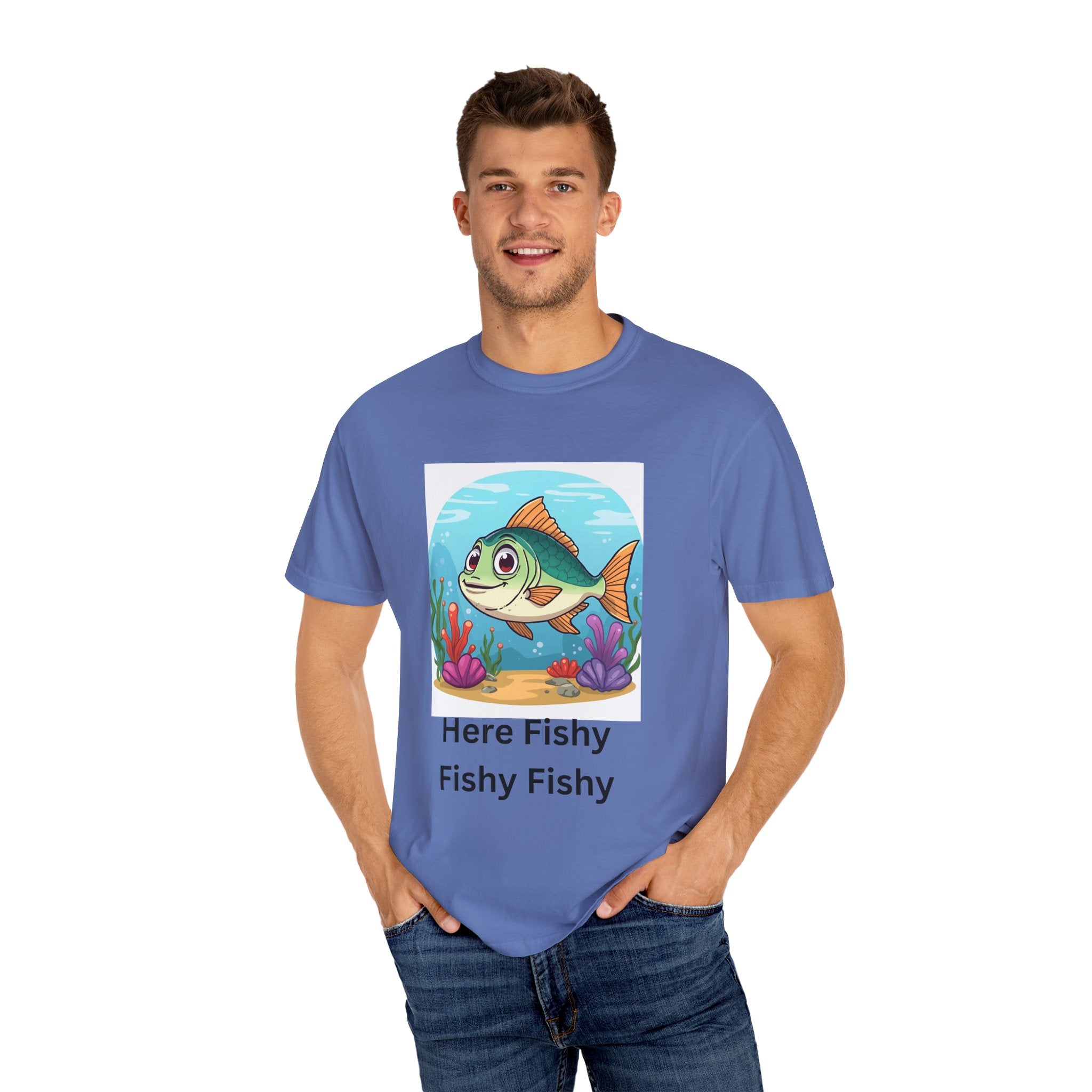Playful Fish T-Shirt for Nature Lovers, Here Fishy Fishy Fishy Tee, Unisex Casual Wear, Perfect for Birthdays, Summer Fun, Beach Outings