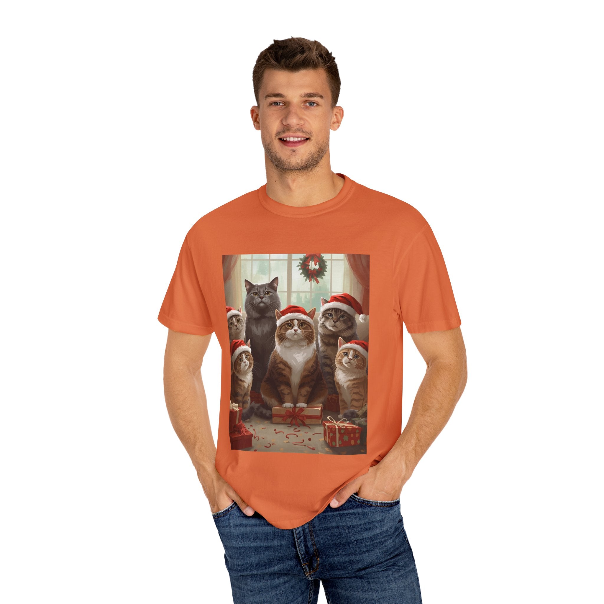Cute Festive Funny Christmas Cat T-Shirt, Holiday Gift for Cat Lovers, Cute Tee for Winter, Unisex Garment-Dyed Shirt, Christmas Apparel, Festive Outfit