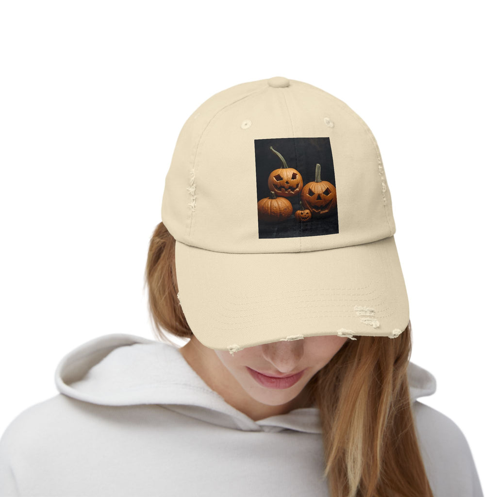 Halloween Pumpkin Distressed Cap, Unisex Fall Hat, Spooky Seasonal Cap, Pumpkin Patch Accessory, Halloween Costume Hat