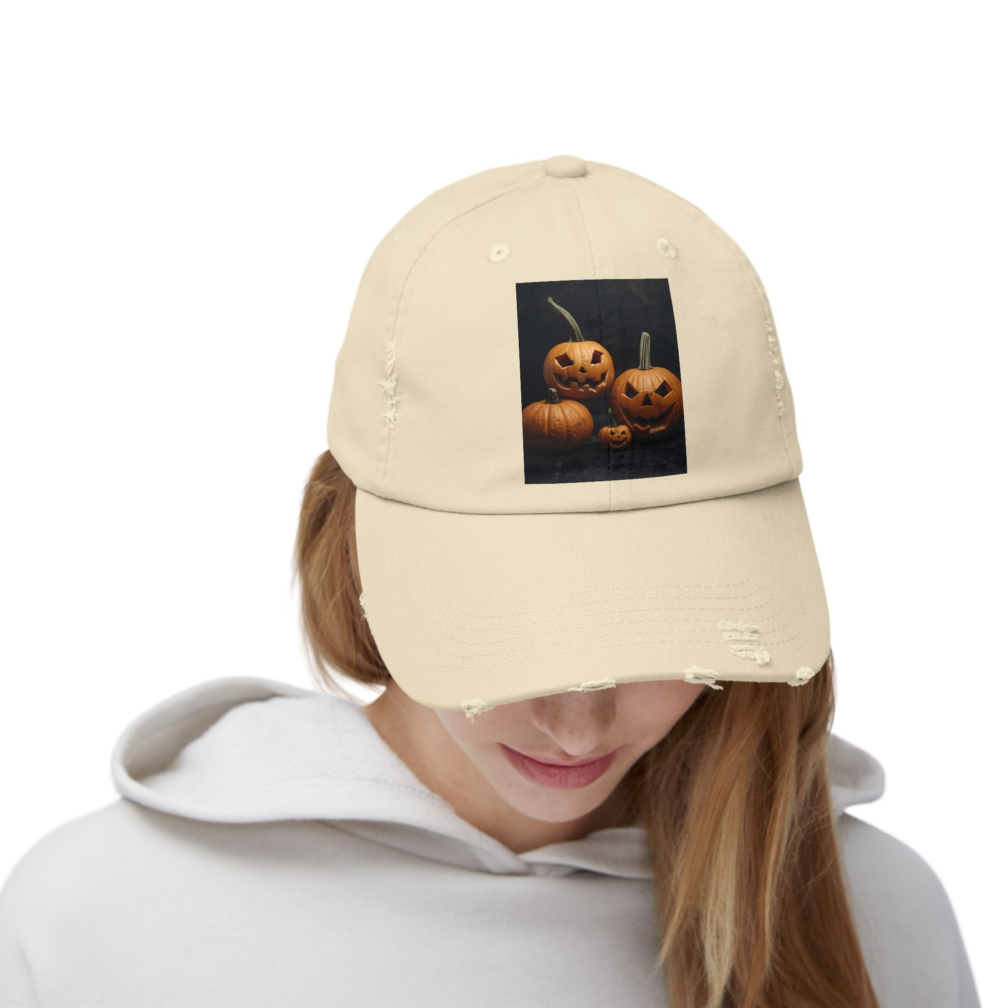 Halloween Pumpkin Distressed Cap, Unisex Fall Hat, Spooky Seasonal Cap, Pumpkin Patch Accessory, Halloween Costume Hat