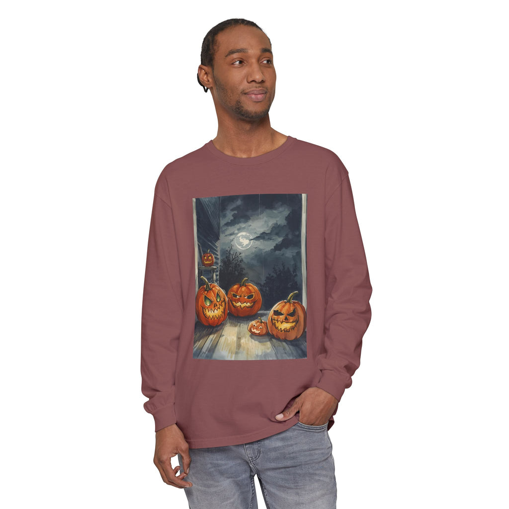 Halloween Pumpkin Scary Unisex Garment-dyed Long Sleeve T-Shirt