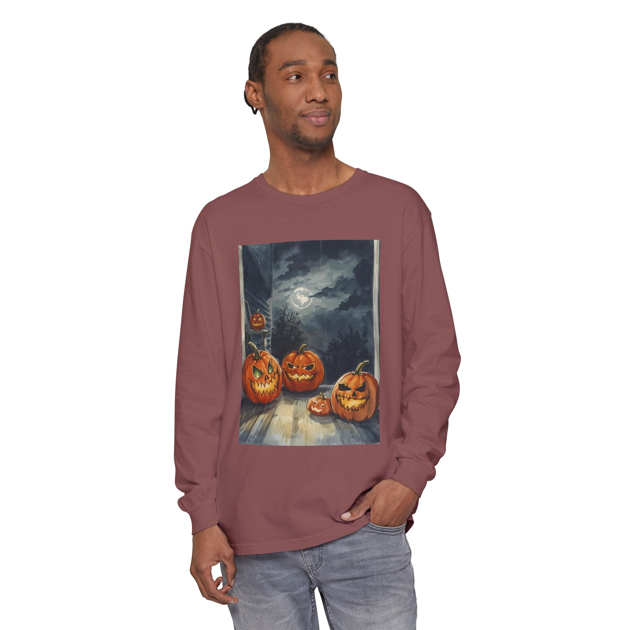 Halloween Pumpkin Scary Unisex Garment-dyed Long Sleeve T-Shirt