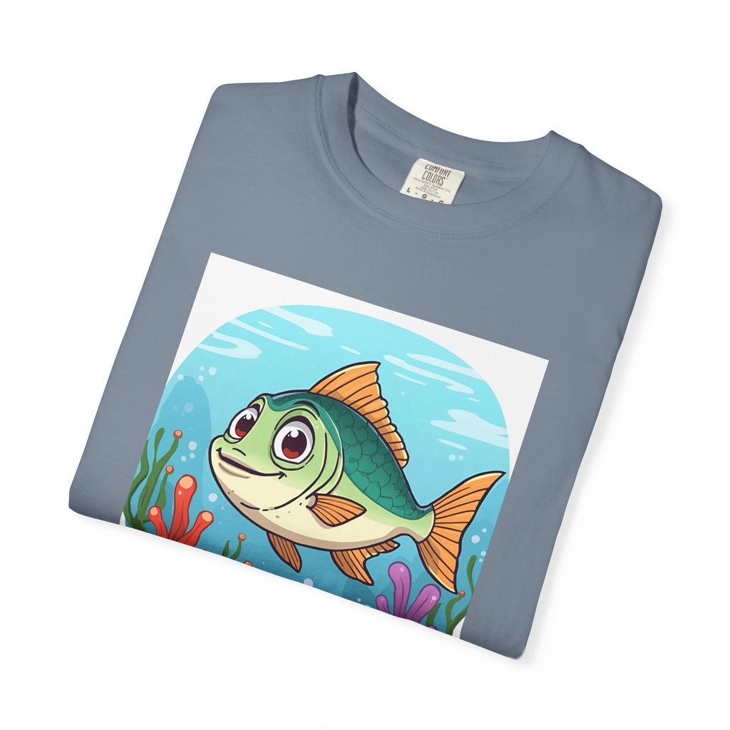 Here Fishy Fishy Fishy Colorful Fish-Themed Unisex T-Shirt, Fun Graphic Tee for Kids and Adults, Perfect for Summer, Fishing Trips, and Gift Giving