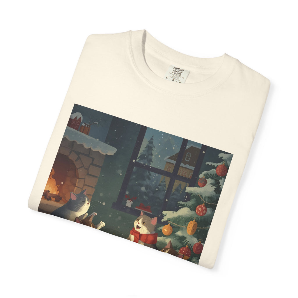 Cozy Winter Cat T-shirt, Unisex Garment-Dyed Shirt, Holiday Gift, Christmas Apparel, Cat Lover Tee, Festive Casual Wear