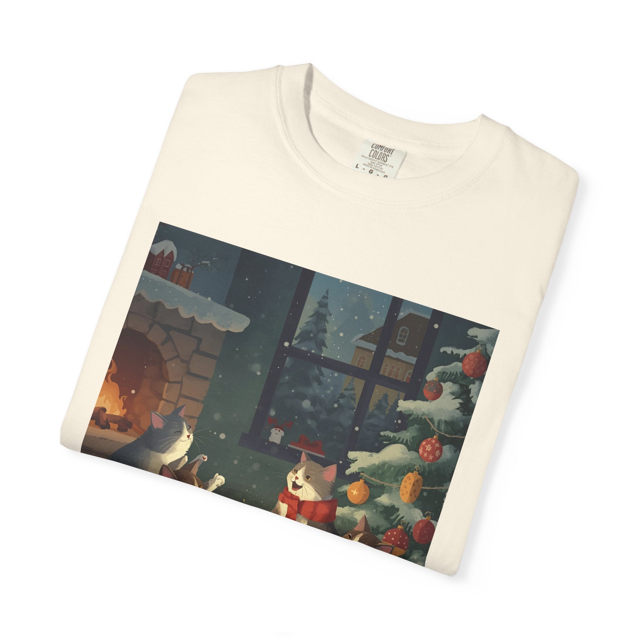Cozy Winter Cat T-shirt, Unisex Garment-Dyed Shirt, Holiday Gift, Christmas Apparel, Cat Lover Tee, Festive Casual Wear