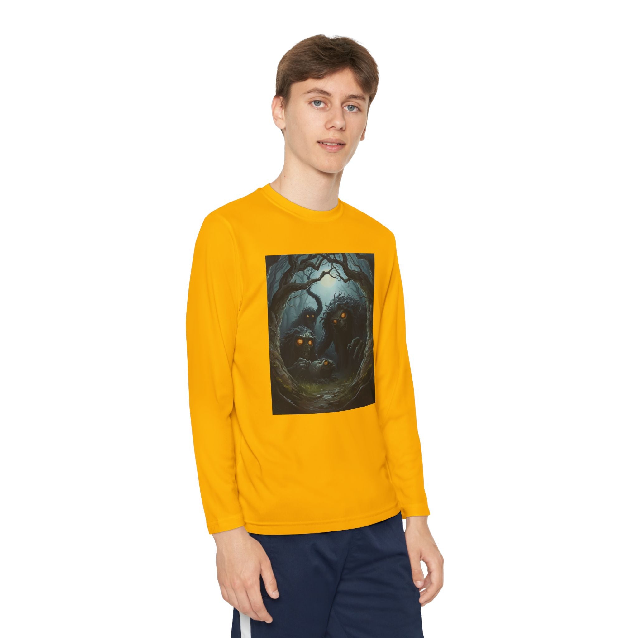 Spooky Forest Creatures Youth Long Sleeve Tee with Enchanted Forest Design, Comfortable Unisex T-Shirt for All Seasons, Perfect for Halloween and Nature Lovers