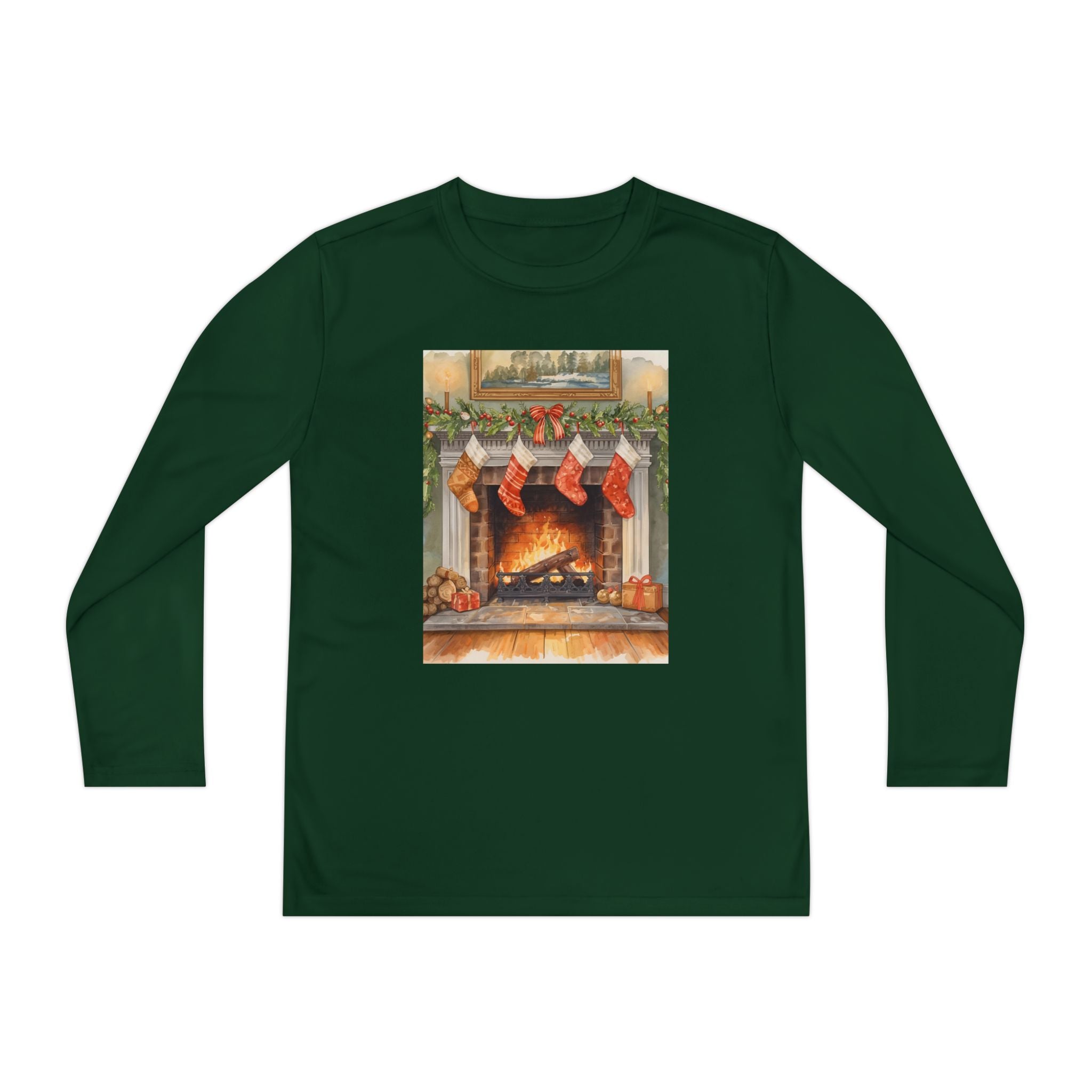 Christmas Stocking Fireplace Youth Long Sleeve Competitor Tee