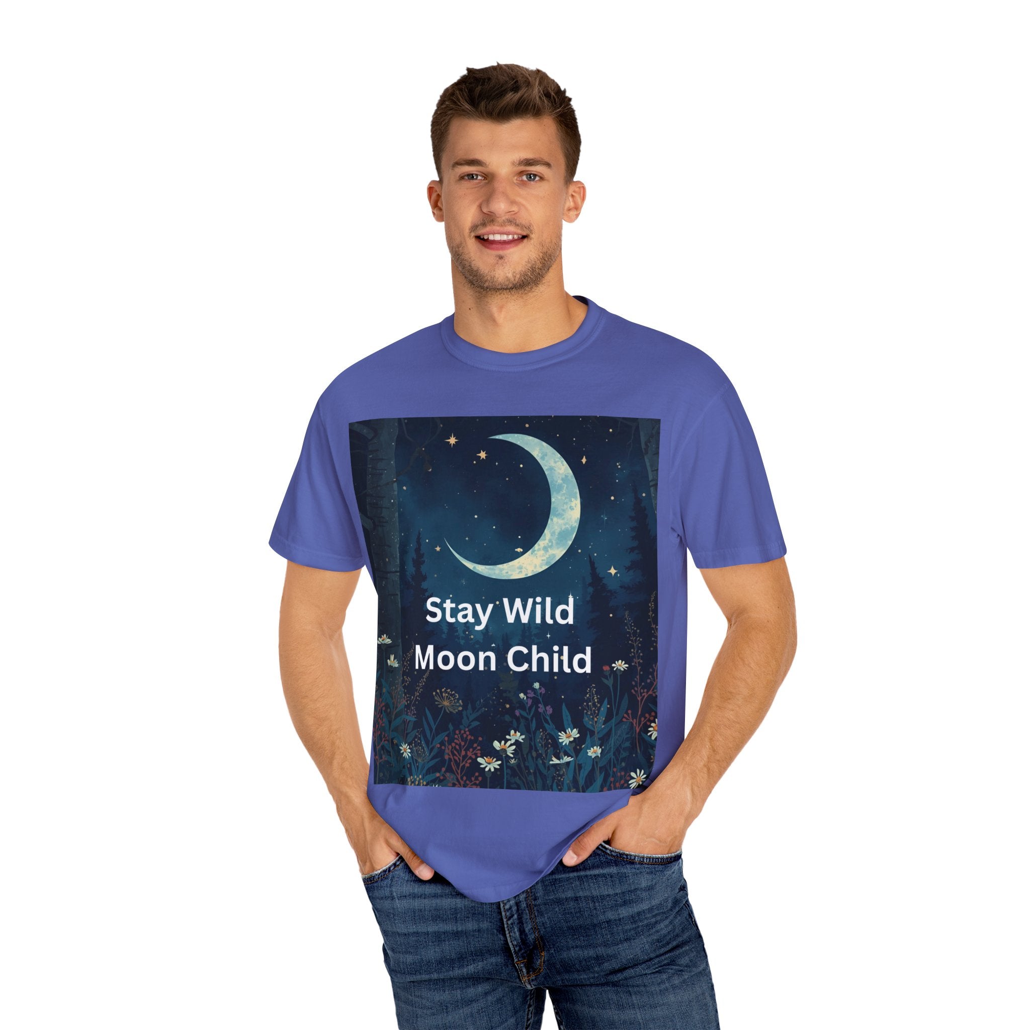 Stay Wild Moon Child Garment-Dyed T-Shirt | Unisex Graphic Tee for Nature Lovers, Boho Style, Gift for Friends, Eco-Friendly Fashion
