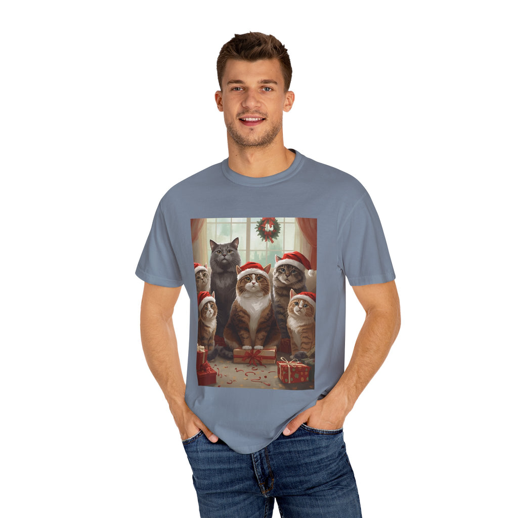Cute Festive Funny Christmas Cat T-Shirt, Holiday Gift for Cat Lovers, Cute Tee for Winter, Unisex Garment-Dyed Shirt, Christmas Apparel, Festive Outfit