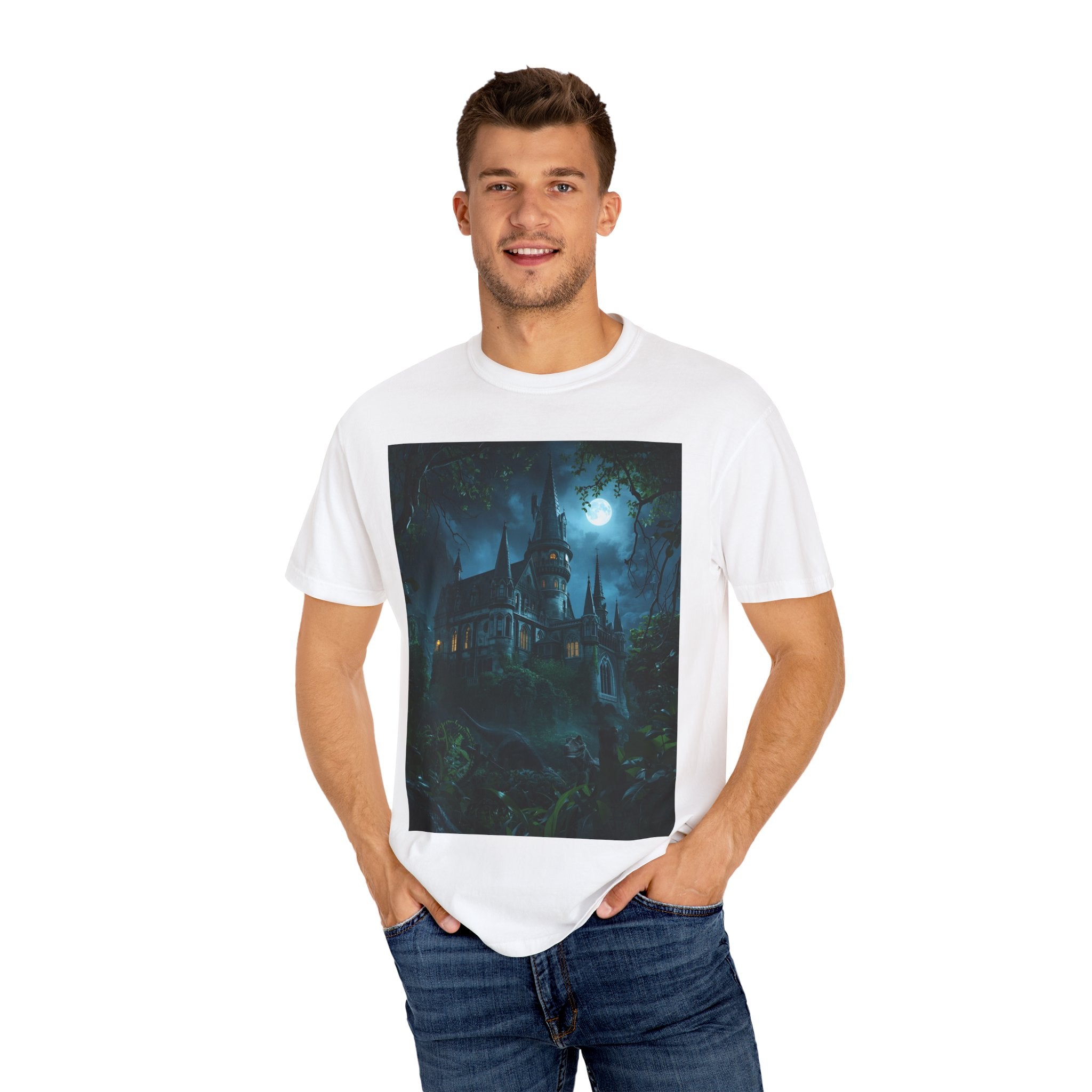 Mystical Night Scene Castle T-Shirt, Spooky Tees, Halloween Apparel, Gothic Style Shirt, Unisex Shirt, Nighttime Scene Tee