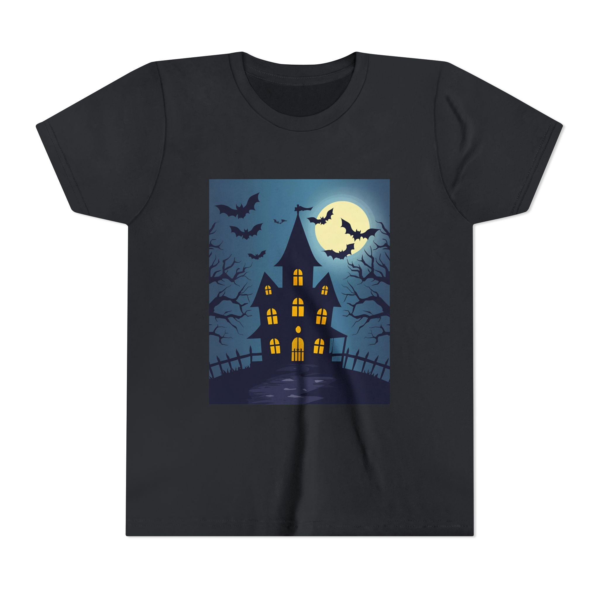 Spooky Halloween Haunted House Youth Tee, Kids Ghost T-Shirt, Haunted House Apparel, Bat Design Shirt, Trick or Treat Clothing