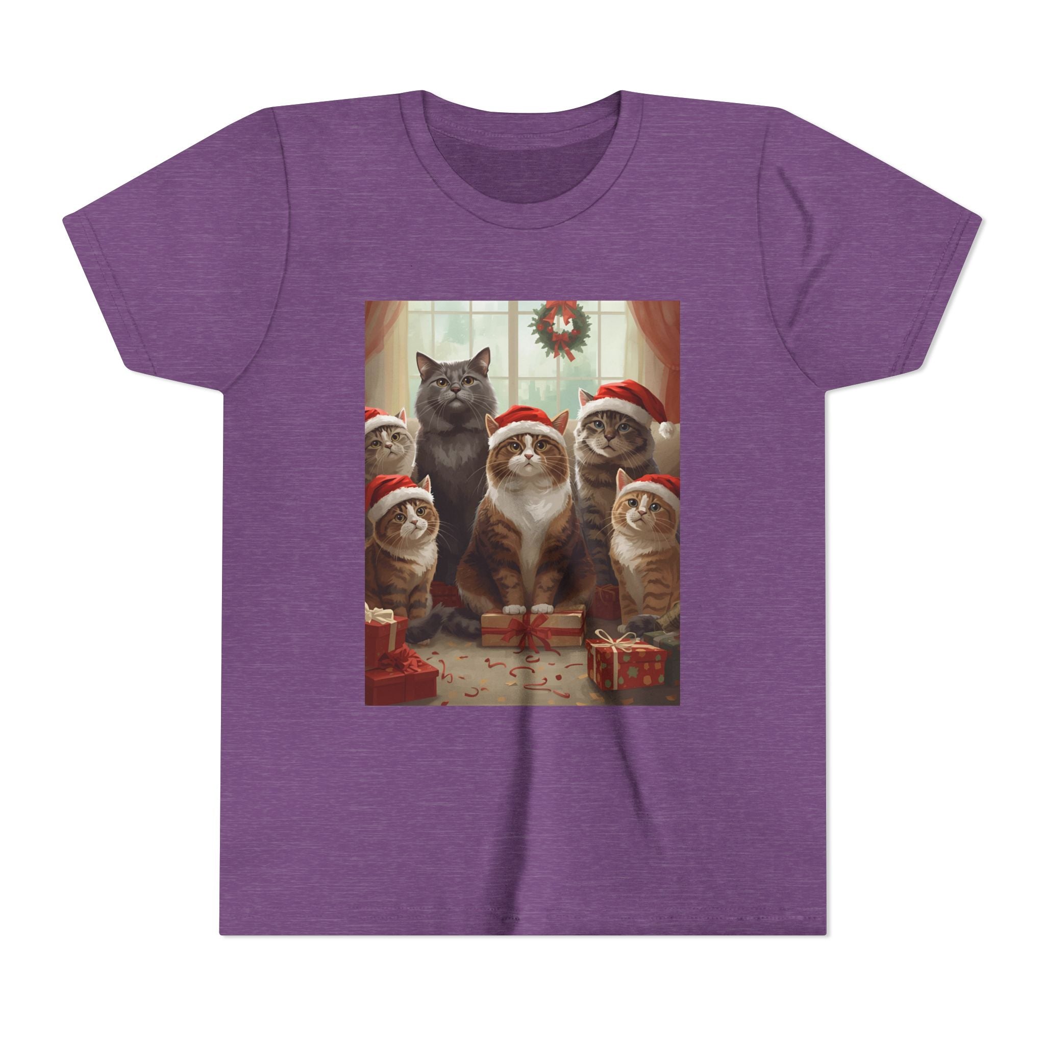 Cute Festive Christmas Cat Youth Short Sleeve Tee