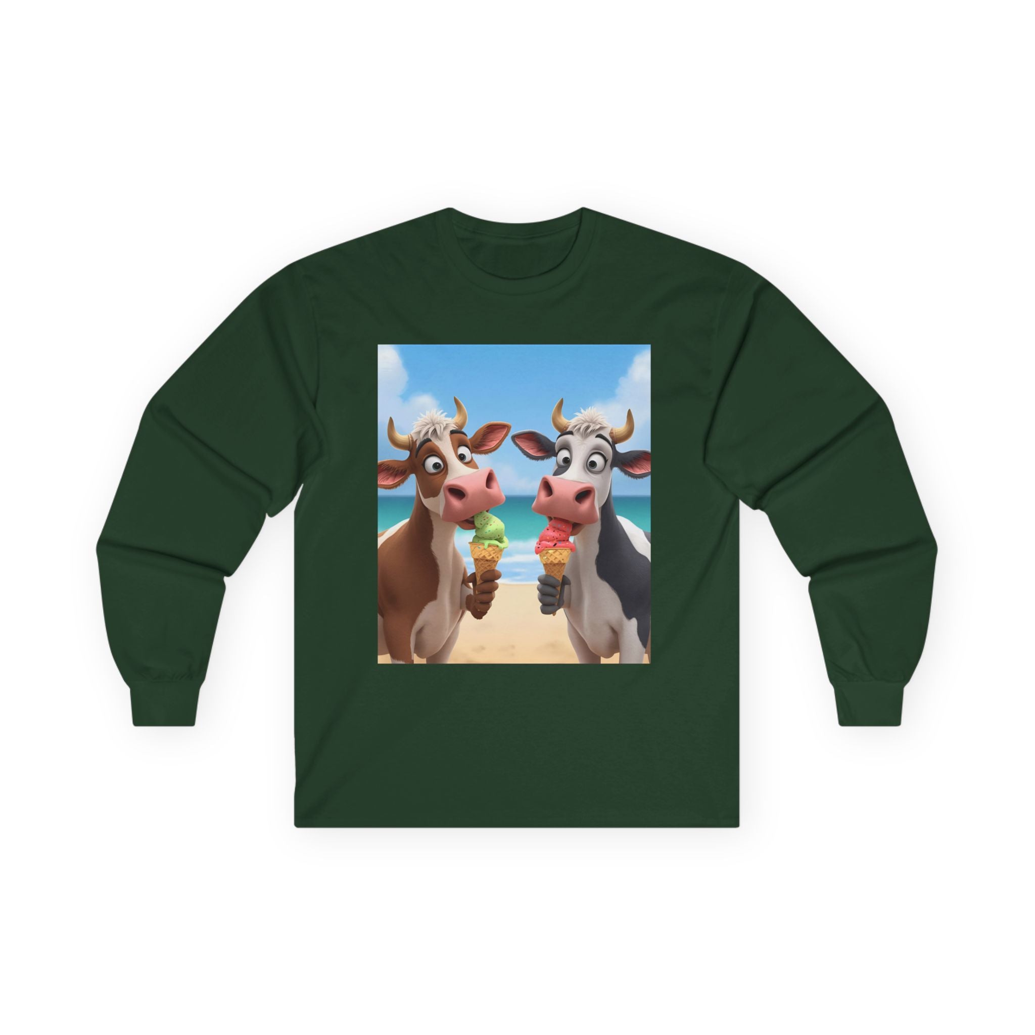 Funny Beach Cow Graphic Long Sleeve Tee, Cute Animal T-Shirt for Kids, Ice Cream Lover Gift, Summer Beach Apparel, Dairy Product Humor