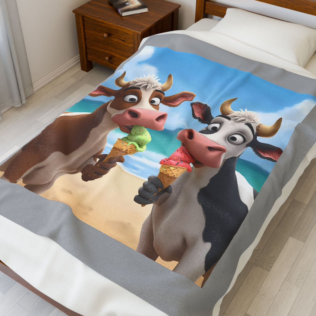Cute Cow Ice Cream Velveteen Plush Blanket, Cozy Throw for Kids, Nursery Decor, Gift for Cow Lovers, Summer Vibes
