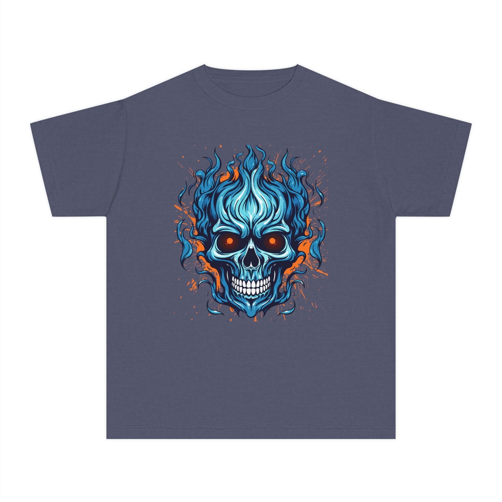 Skull Flame Youth Graphic Skull Tee, Cool Teen Fashion, Edgy Summer Wear, Halloween Costume, Unique Gift for Kids, Casual Everyday Style