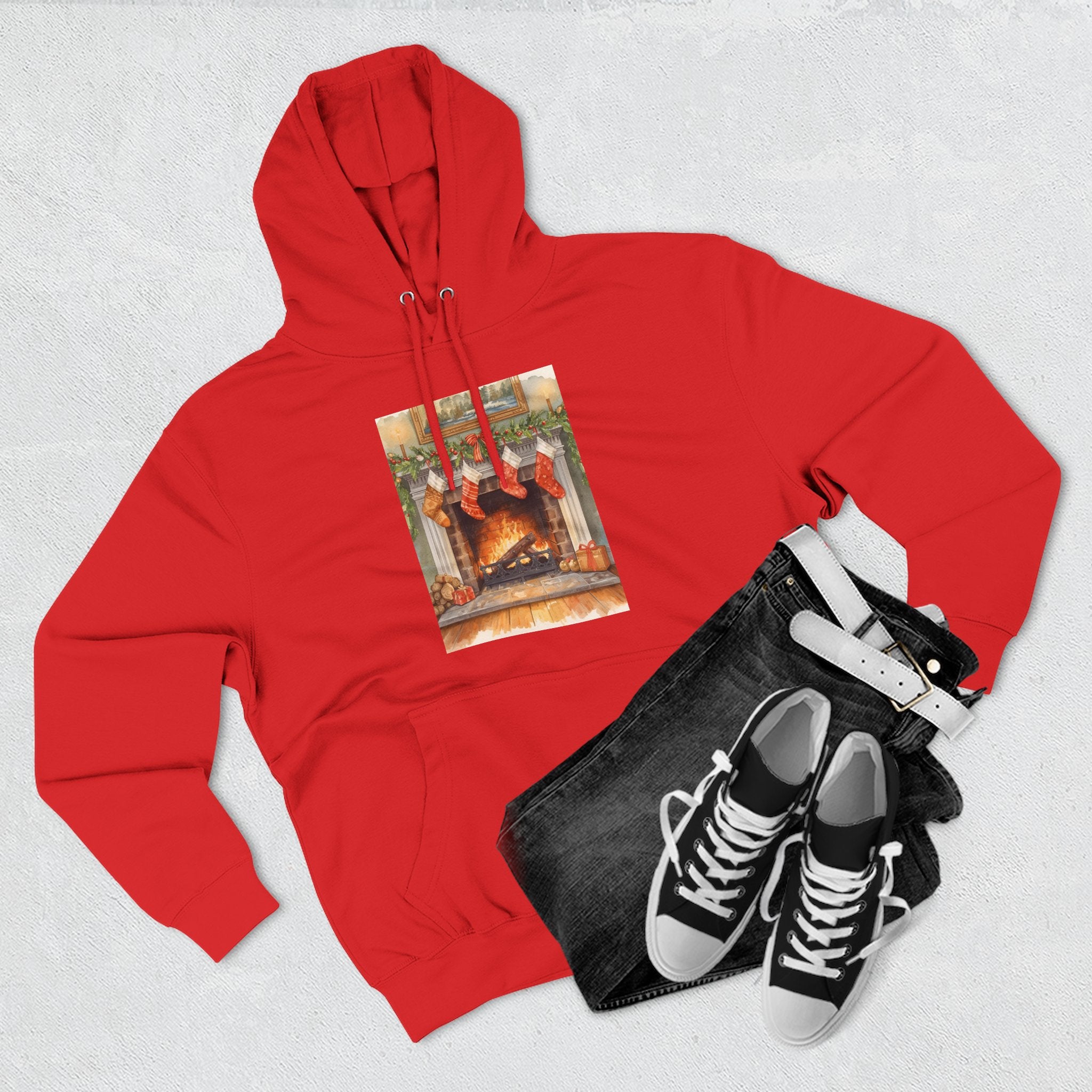 Christmas Stocking Fireplace Three-Panel Fleece Hoodie