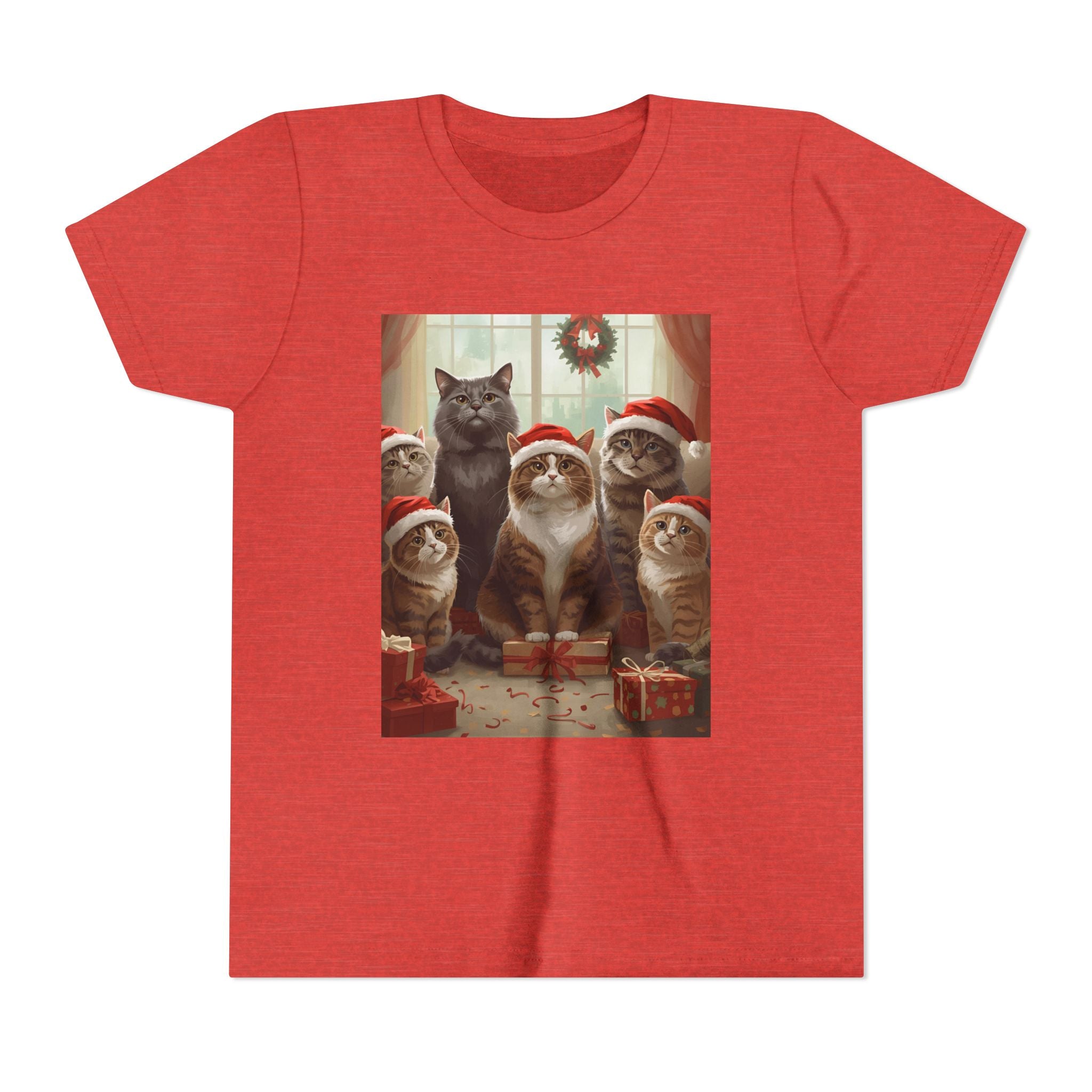 Cute Festive Christmas Cat Youth Short Sleeve Tee