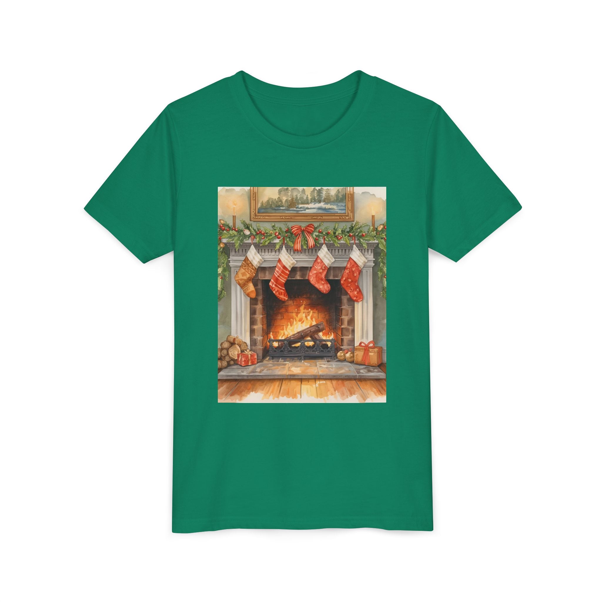 Christmas Stocking Fireplace Youth Short Sleeve Tee